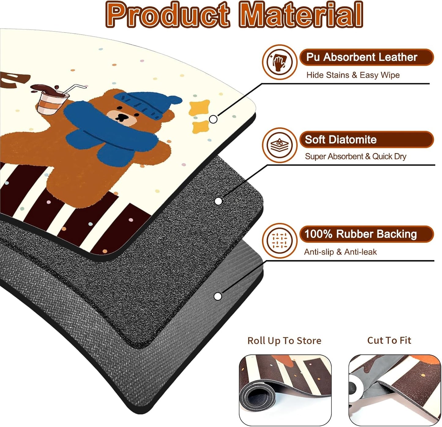 Dish Drying Mat 16" X 24", Super Absorbent & Cuttable Coffee Mats for Countertop, Kitchen Counter Mat Fits Under Coffee Maker or Machine, Hide Stain Drying Pad for Dish Drying Rack, Bear Coffee