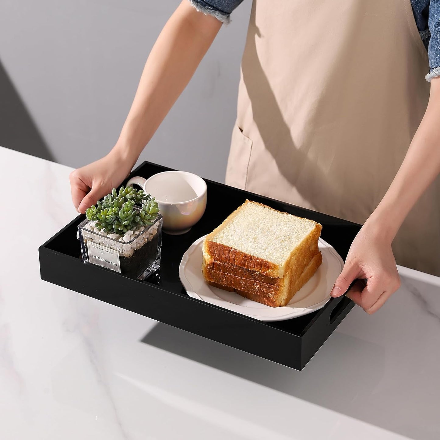 Glossy Black Sturdy Acrylic Serving Tray with Handles-12x20Inch-Serving Coffee,Appetizer,Breakfast,Butler-Kitchen Countertop Tray-Makeup Drawer Organizer-Vanity Table,Ottoman Tray-Decorative