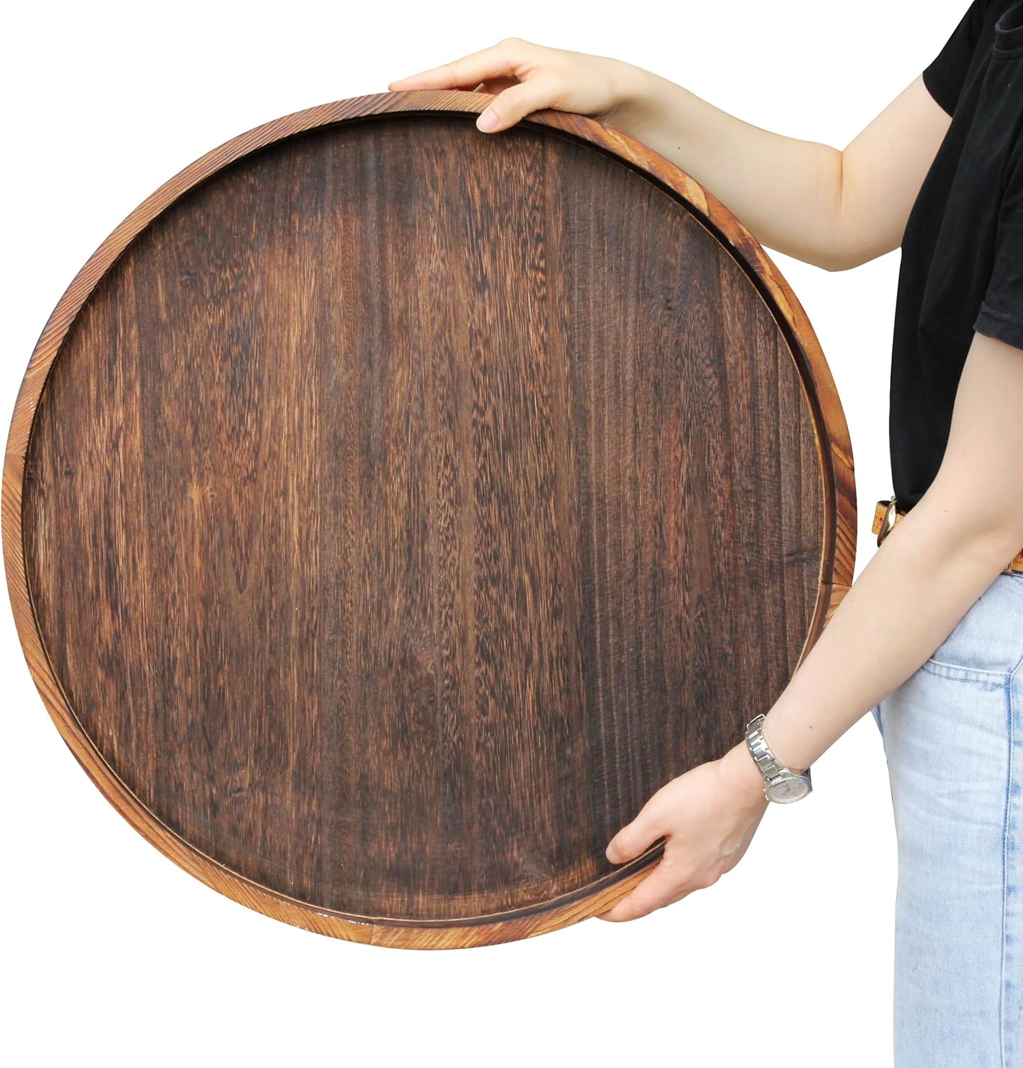 Extra Large Round Ottoman Table Tray Round-24 - Rustic Wooden Serving Tray for Farmhouse Decorative Oversized Coffee Table Trays Living Room Kitchen Counter Breakfast Brown