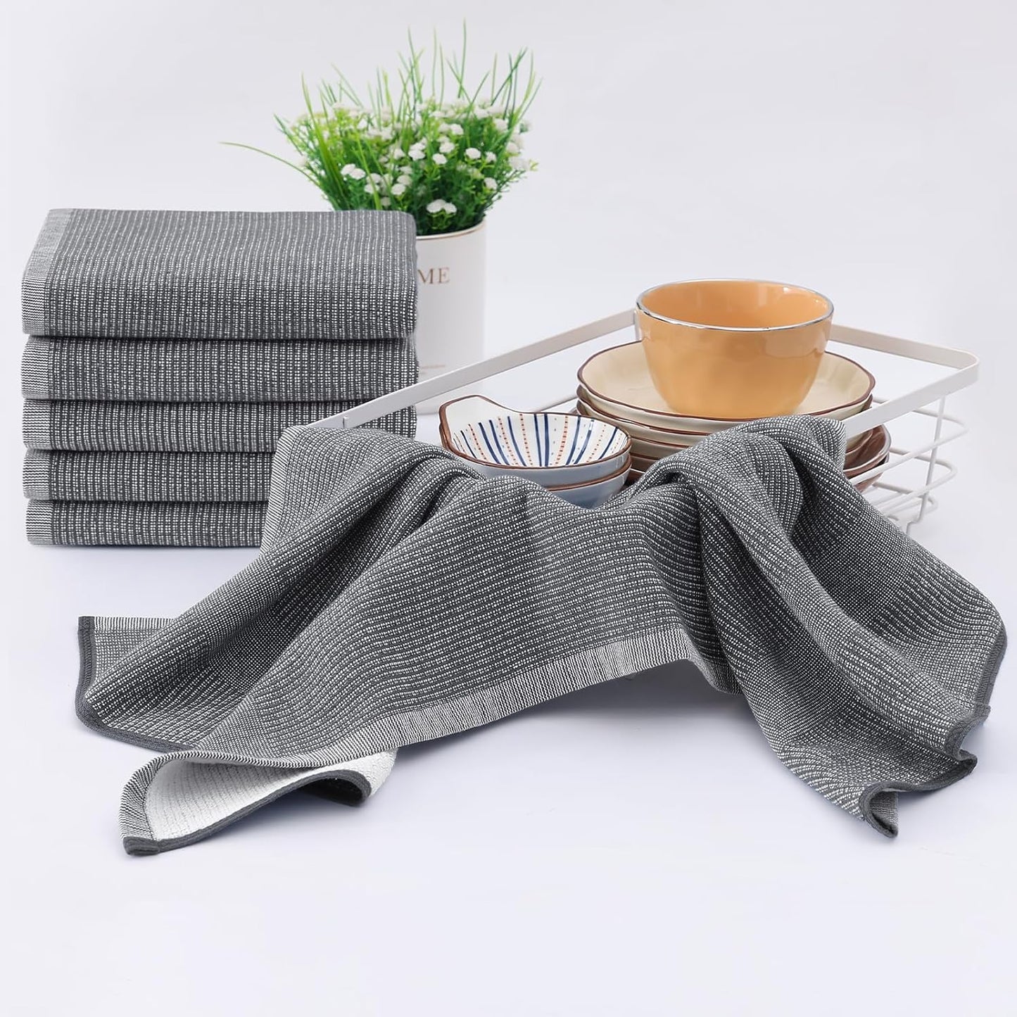 Homaxy Premium Kitchen Towels(18”x 28”, 8 Pack), Large Cotton Kitchen Hand Towels, Flat and Terry Dish Towels, 380 GSM Highly Absorbent Tea Towel Set with Hanging Loop, Grey