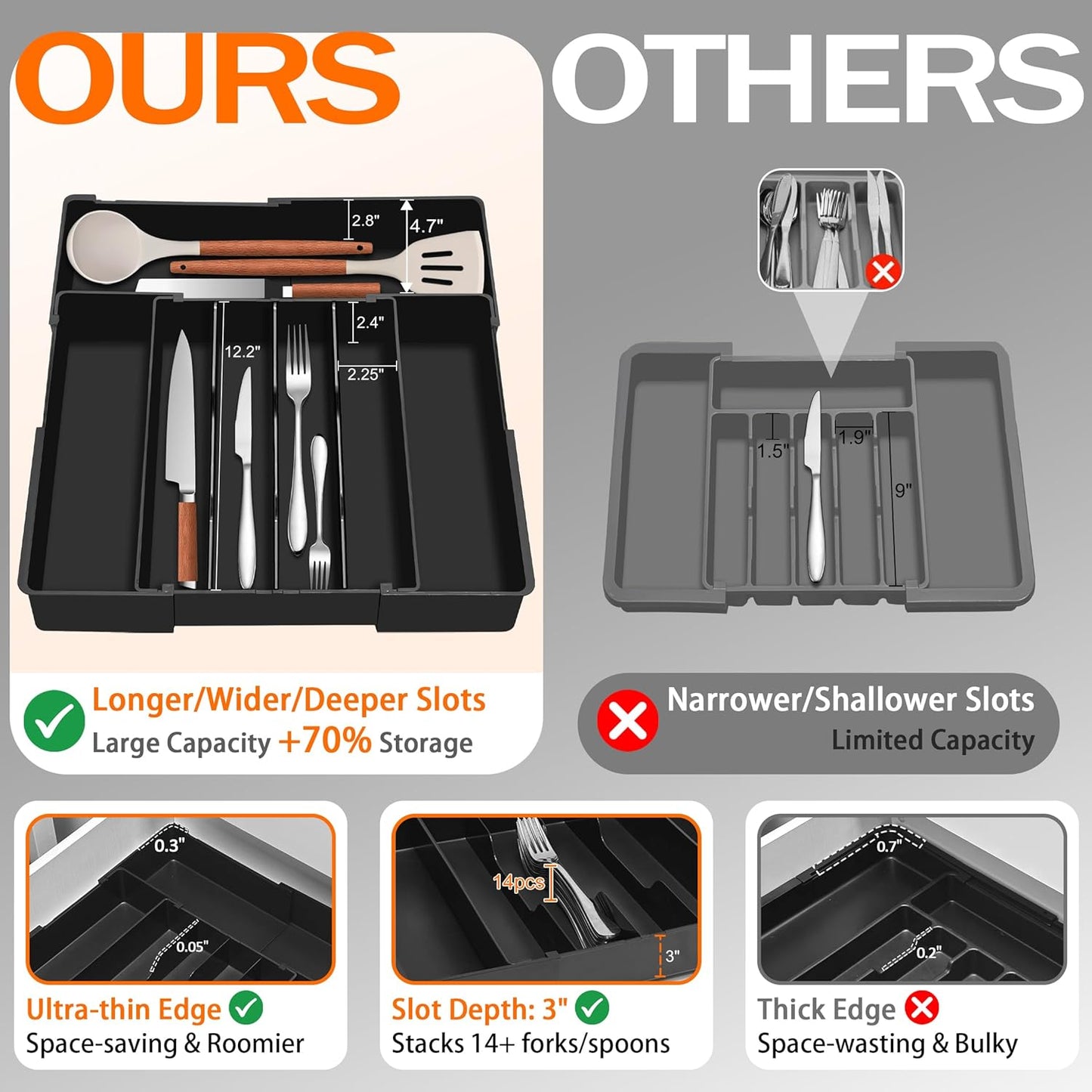 Expandable Large Silverware Organizer - BPA-Free Food-Safe Utensil Drawer Organizer Adjustable Kitchen Drawer Organizer Flatware Cutlery Tray, Classified Storage for Spoons Forks Knives