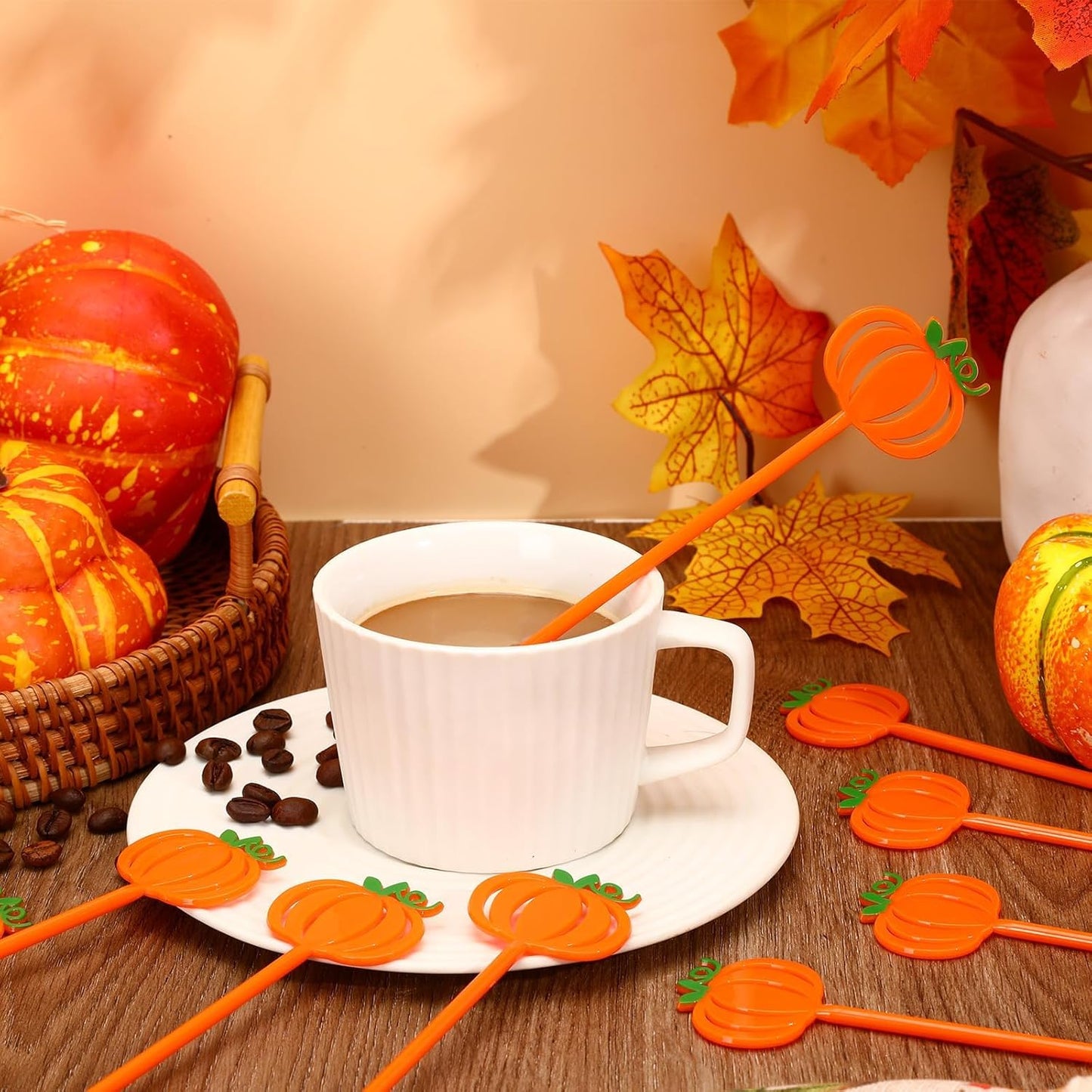 36 Pcs Fall Cocktail Stirrers, Pumpkin Drink Stirrers Plastic Swizzle Sticks Reusable Coffee Stirrer Stir Sticks for Halloween Autumn Thanksgiving Party Tea Coffee Bar Decoration