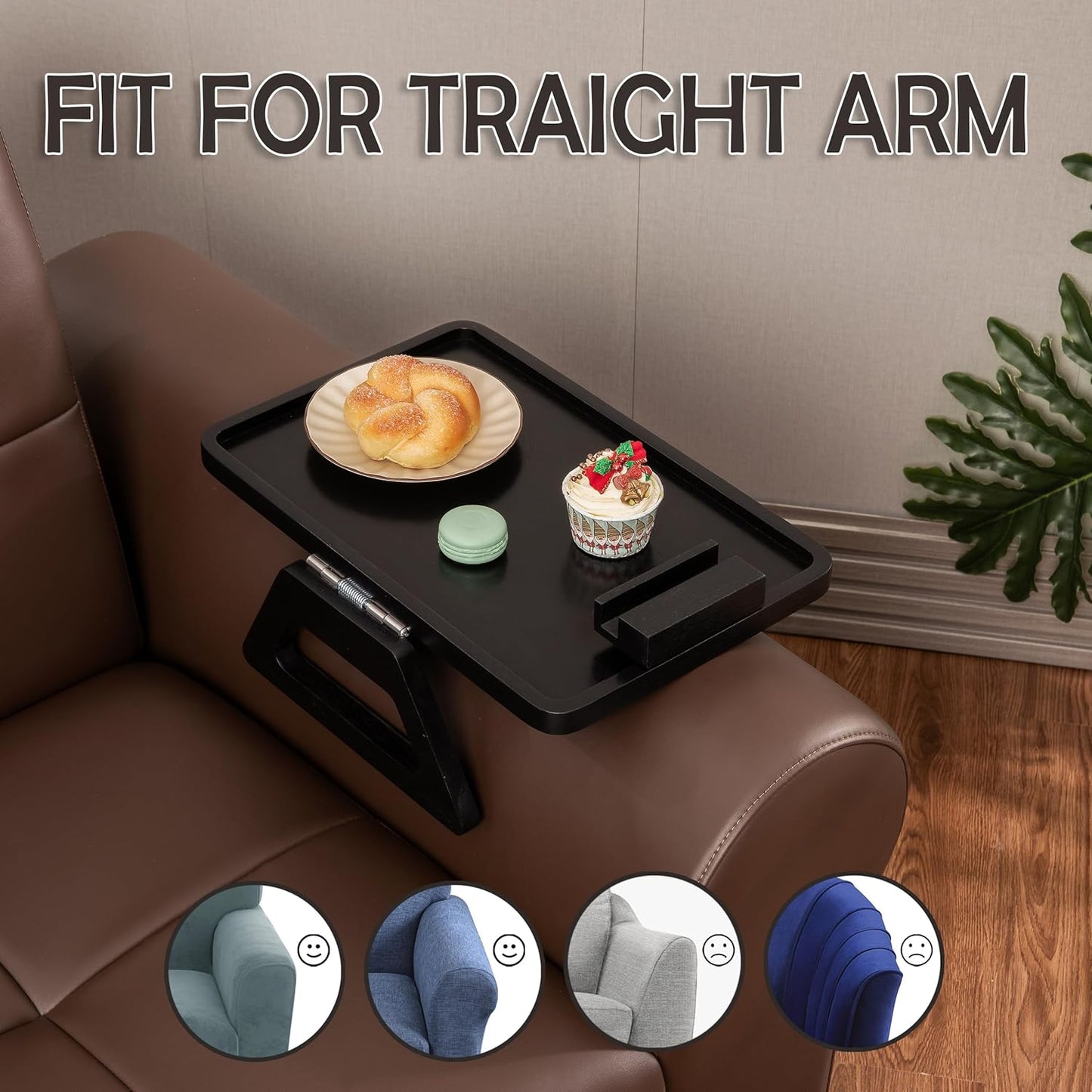 Acacia Wood Sofa Armrest Tray -15.4 x 9.84 in Double Hinge Sofa Arm Tray Table Clip-Couch Arm Table-Wooden Side Tables for Eating and Drink (Acacia, 15.4" D x 9.84" W x 5.7" H)(Black)