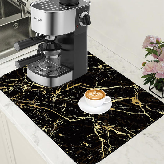 Dish Drying Mat Black and Gold Marble Coffee Bar Mat for Countertop - Absorbent, Rubber Backed, Hide Stain Dish Drainer Rack - Coffee Maker Pot Dining Room Decoration 15.7 x 23.6 Inch