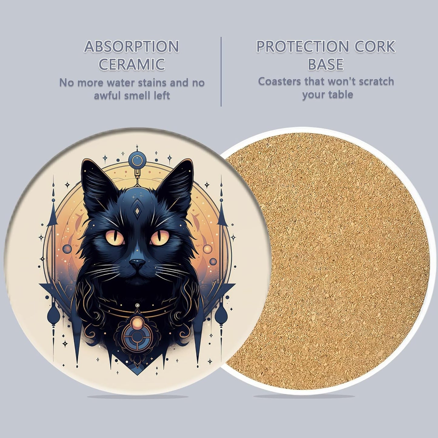 Drink Coasters Set of 6 with Holder, Black Cat Absorbent Ceramic Coasters with Cork Base,Fit All Cups,Great Gift for Housewarming,Room Decor,Bar,Holiday Party