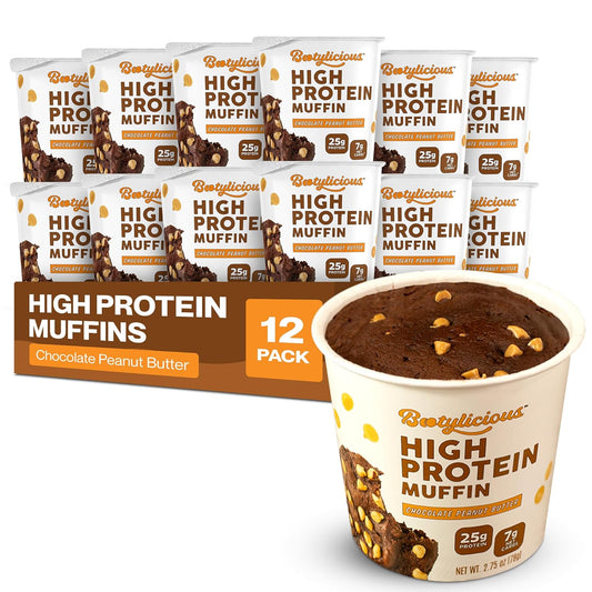 Bootylicious | High-Protein Muffin | 25g Protein, 7g Net Carbs, 2.32-2.75oz Cup, 12-Pack (Chocolate Peanut Butter)