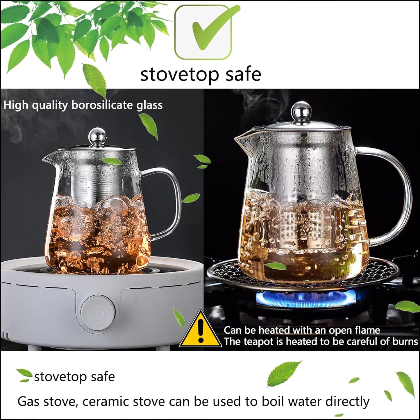 Glass Teapot (25oz/750ml) MJZQCD with Removable Stainless Steel Infuser,Glass Tea Pot transparent Stovetop tea Kettle,Blooming and Loose Leaf Tea Maker,Microwave & Dishwasher Safe