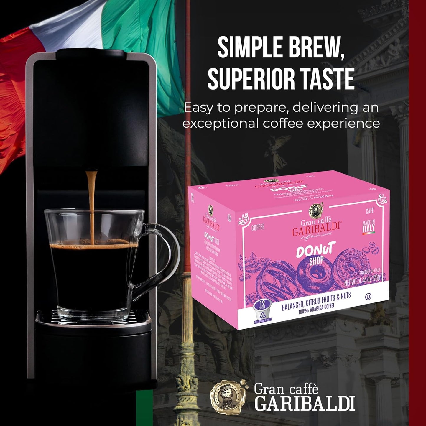 Caffè Garibaldi Donut Shop Coffee Pods, Single-Serve Capsules for Keurig K-Cup Brewers, Single Serve Cups with 100% Arabica Blend, 72 Count Recyclable Coffee Pods - Light Roast