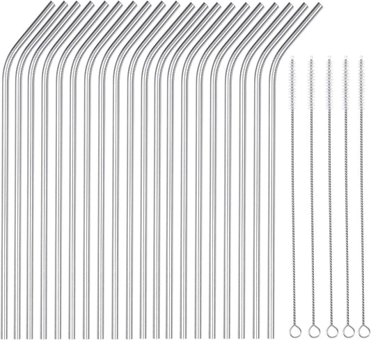 25 Piece Set Stainless Steel Straws Long 8.5 Inch Drinking Metal Straws Reusable Drinking Straws for 20 OZ (20 Bent|5 Brushes)