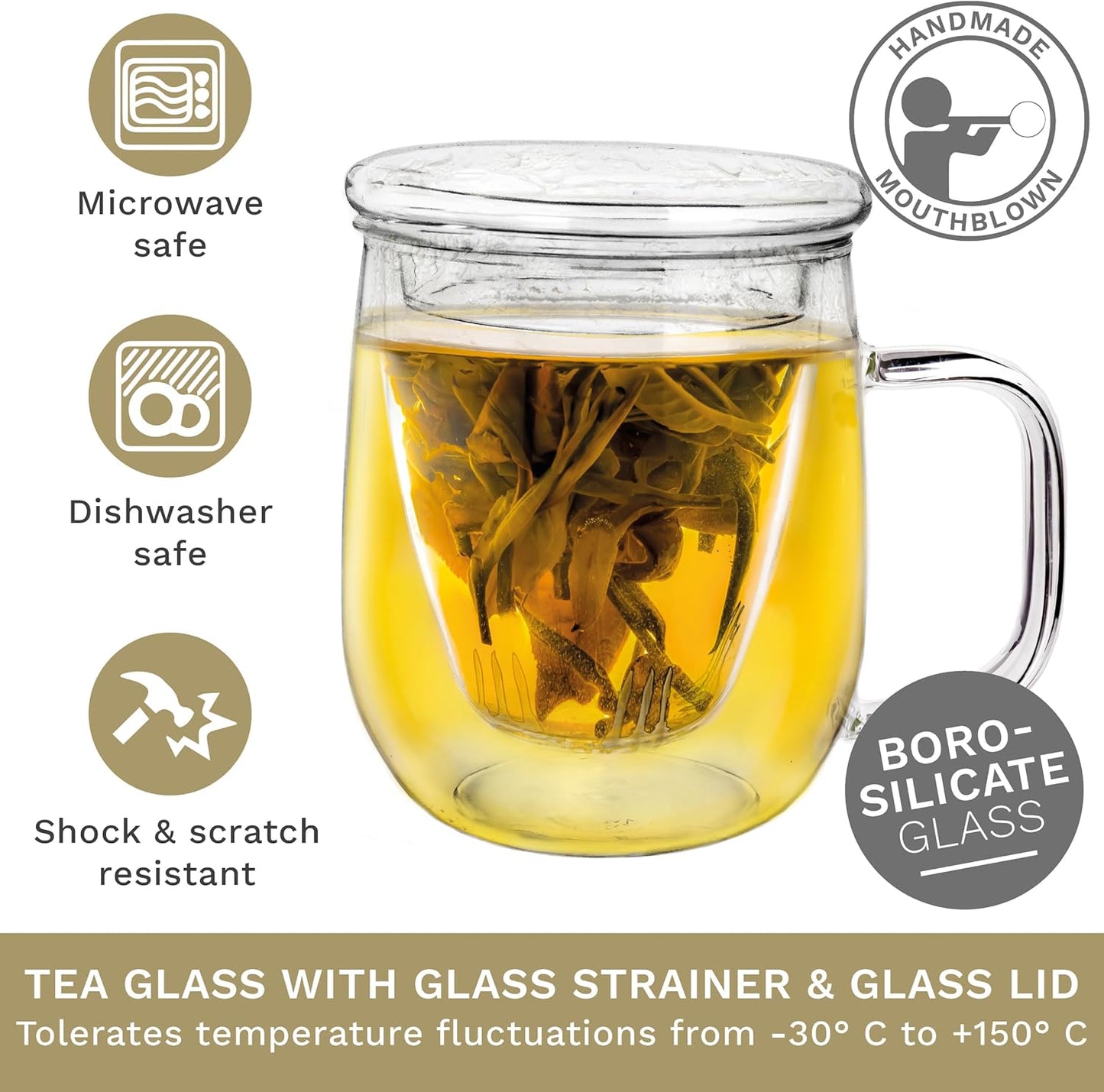 Creano Tea Glass 450 ml – Large Tea Cup with Strainer and Glass Lid – An ideal Tea Maker