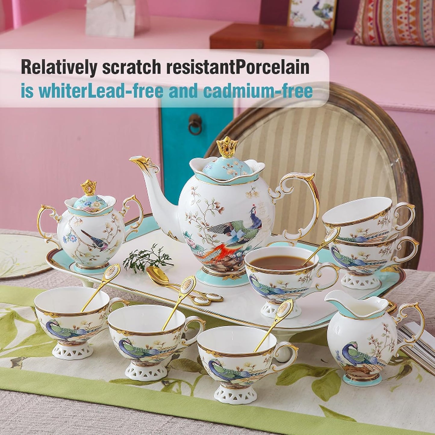 ACMLIFE Fine Bone China Tea Set with Teapot, Porcelain Tea Sets for Adults, 21-Piece Vintage Tea Set for 6, 24K Gold Blue English Floral British China Tea Sets for Women Tea Party for Gifts