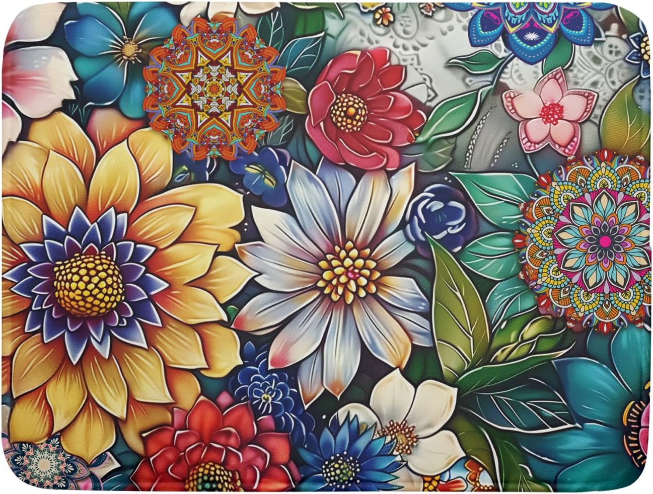 Boho Floral Dish Drying Mat for Kitchen Counter 16x18 Inch Boho Blooming Flower Dishes Pad Super Absorbent Drying Mat Heat Resistant Dish Drying Pad Anti-Slip Dish Mat Fast Dry Kitchen Bar Accessories