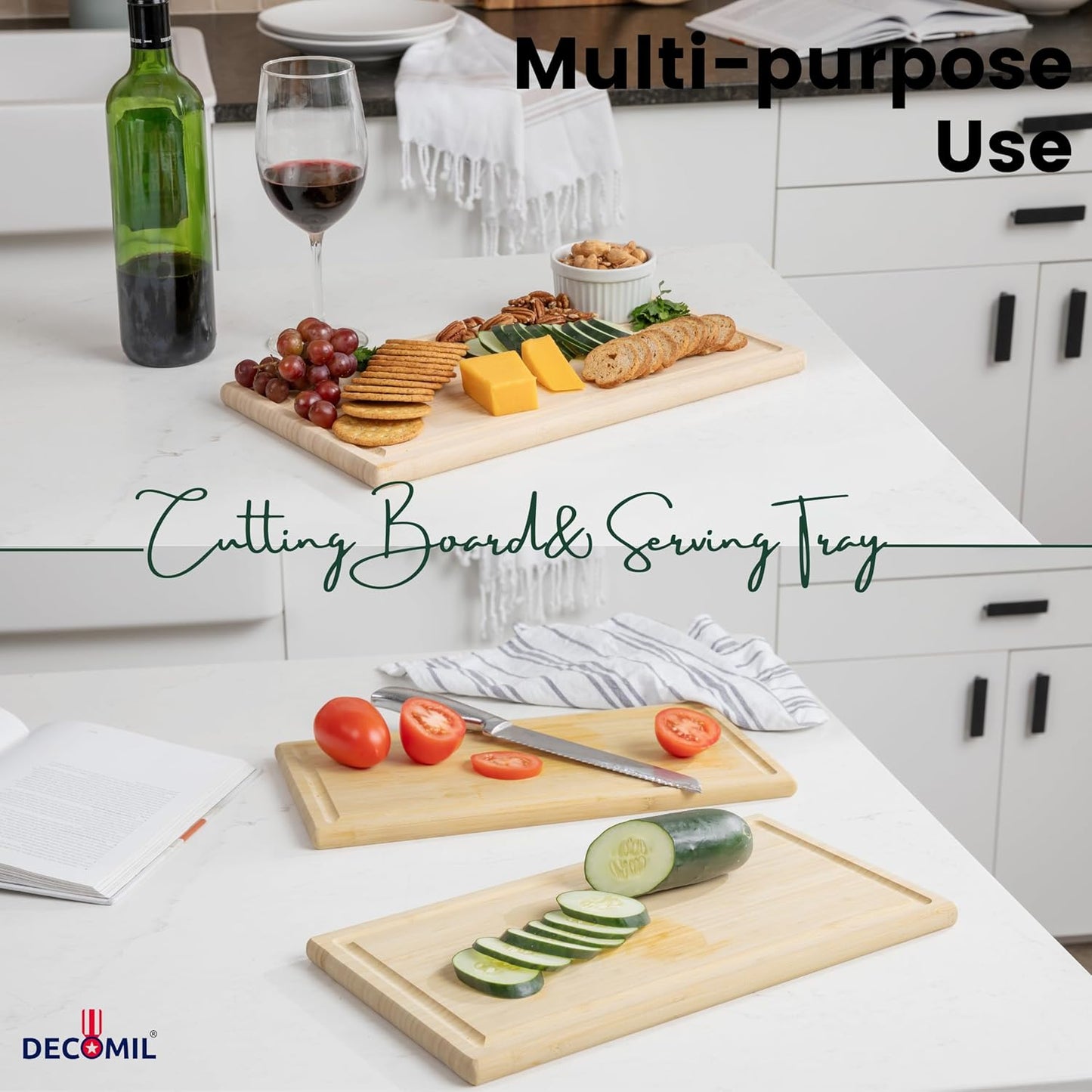 DECOMIL-Bamboo Wood Cutting Board Set of 2, Wood Serving Board, 15.25 x 8.25 Inch Chopping Boards for Charcuterie, Vegetables, Meat, for DIY projects