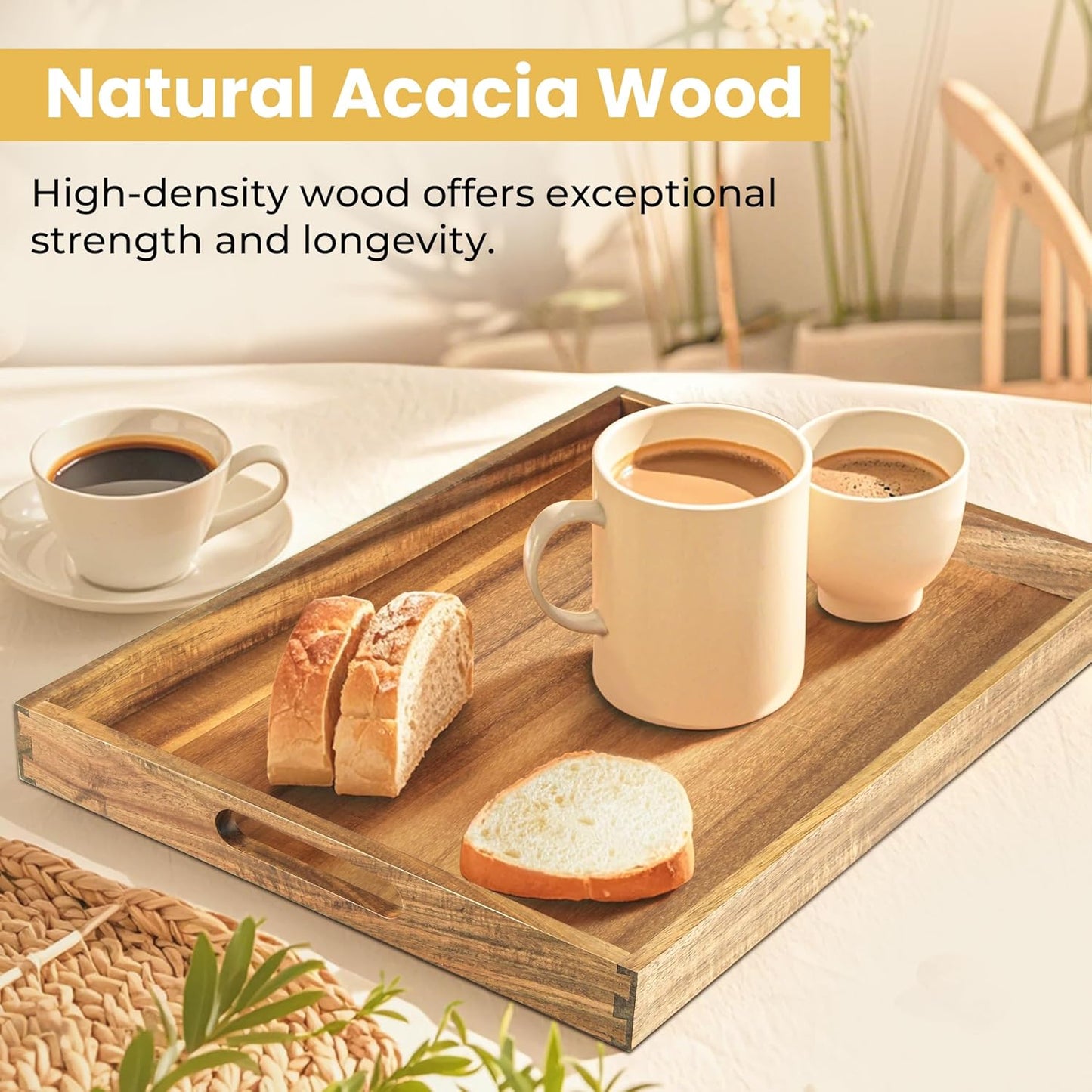 Acacia Wood Serving Tray with Handles（17 Inch） – Decorative Wooden Tray for Breakfast in Bed, Kitchen, or Serving on Couch, Coffee Table, Ottoman for Living Room, and More