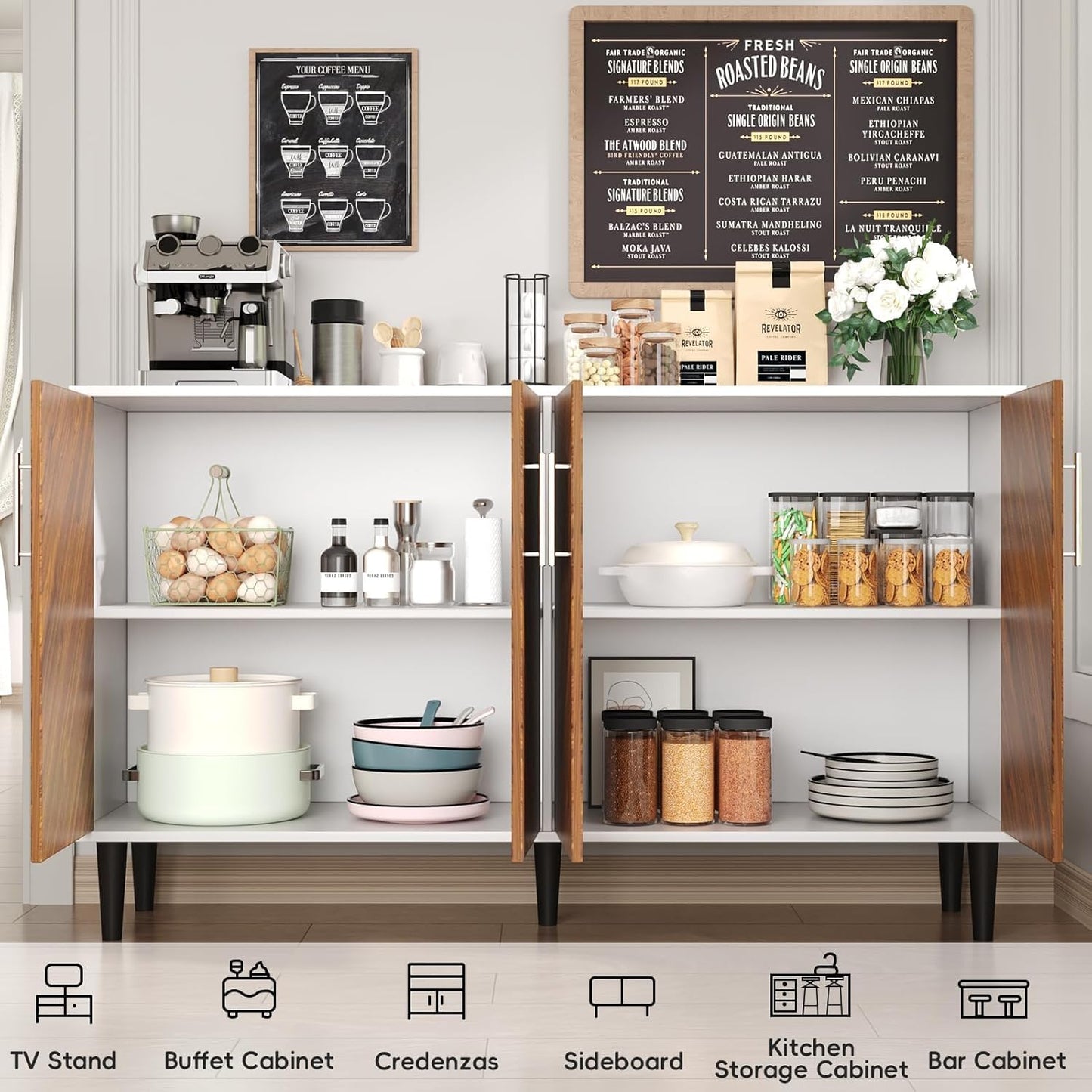 4 EVER WINNER Coffee Bar Cabinet with 4 Doors, Sideboard Buffet Cabinet with Storage, Walnut Buffet Cabinet with Storage with Adjustable Shelves for Kitchen,Living Room,White