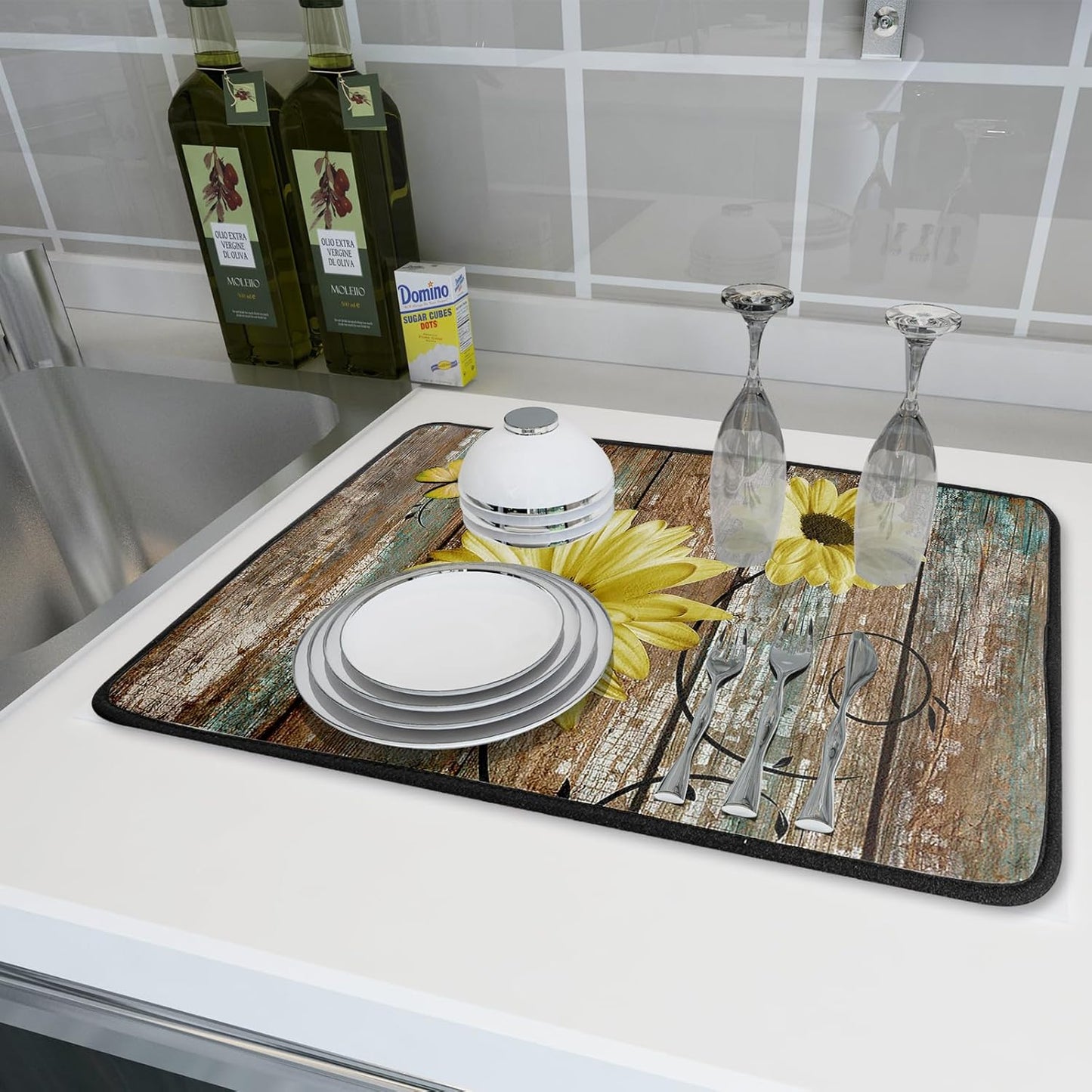Rustic Daisy Dish Drying Mat for Kitchen Countertop 18x24 inch Yellow Sunflowers on Wooden Board Dish Drainer Mats Fast Drying Country Vintage Style Shabby Chic Flower Dish Drying Pad Decor Large