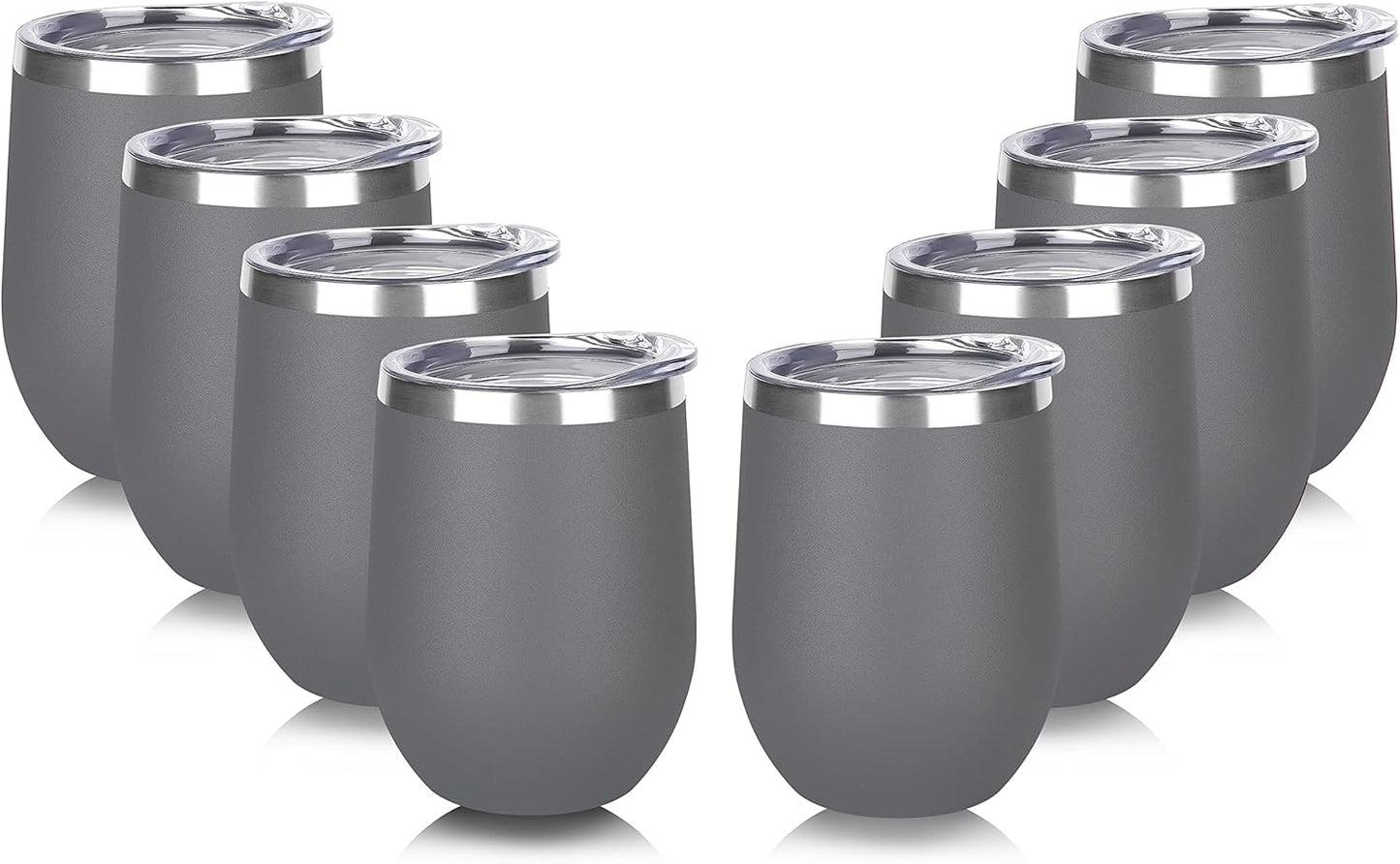 DOMICARE Stainless Steel Wine Tumbler Bulk with Lid, Personalized Insulated Tumblers Set, 12oz Travel Coffee Cups Pack of 8, Gray
