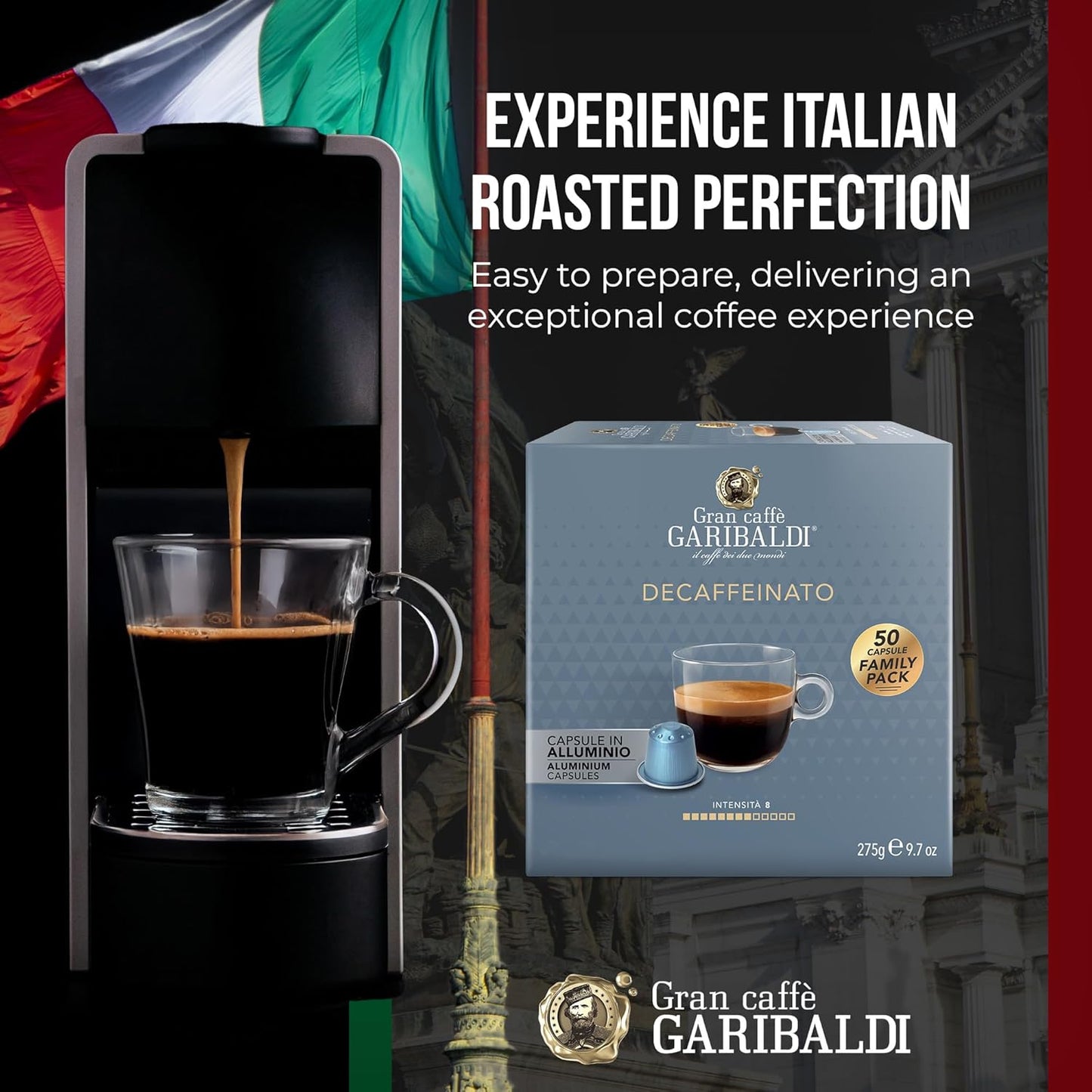 Gran Caffè Garibaldi Decaffeinated Espresso Pods, Italian Roast Coffee, Decaf Capsules Compatible with Nespresso Original Line Machines, Nitrogen Flushed, Intense & Rich Aroma - Decaffeinato (Aluminum) 50 Cups