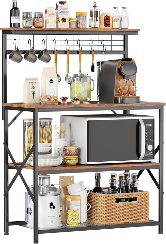 Furologee Kitchen Bakers Rack with Hutch,Coffee Stand with Storage 4 Tiers,Coffee Bar Station with a 31.5 Inch Larger Desktop and 8 S Hooks,Kitchen Microwave Rack for Spices,Pots,Rustic Brown