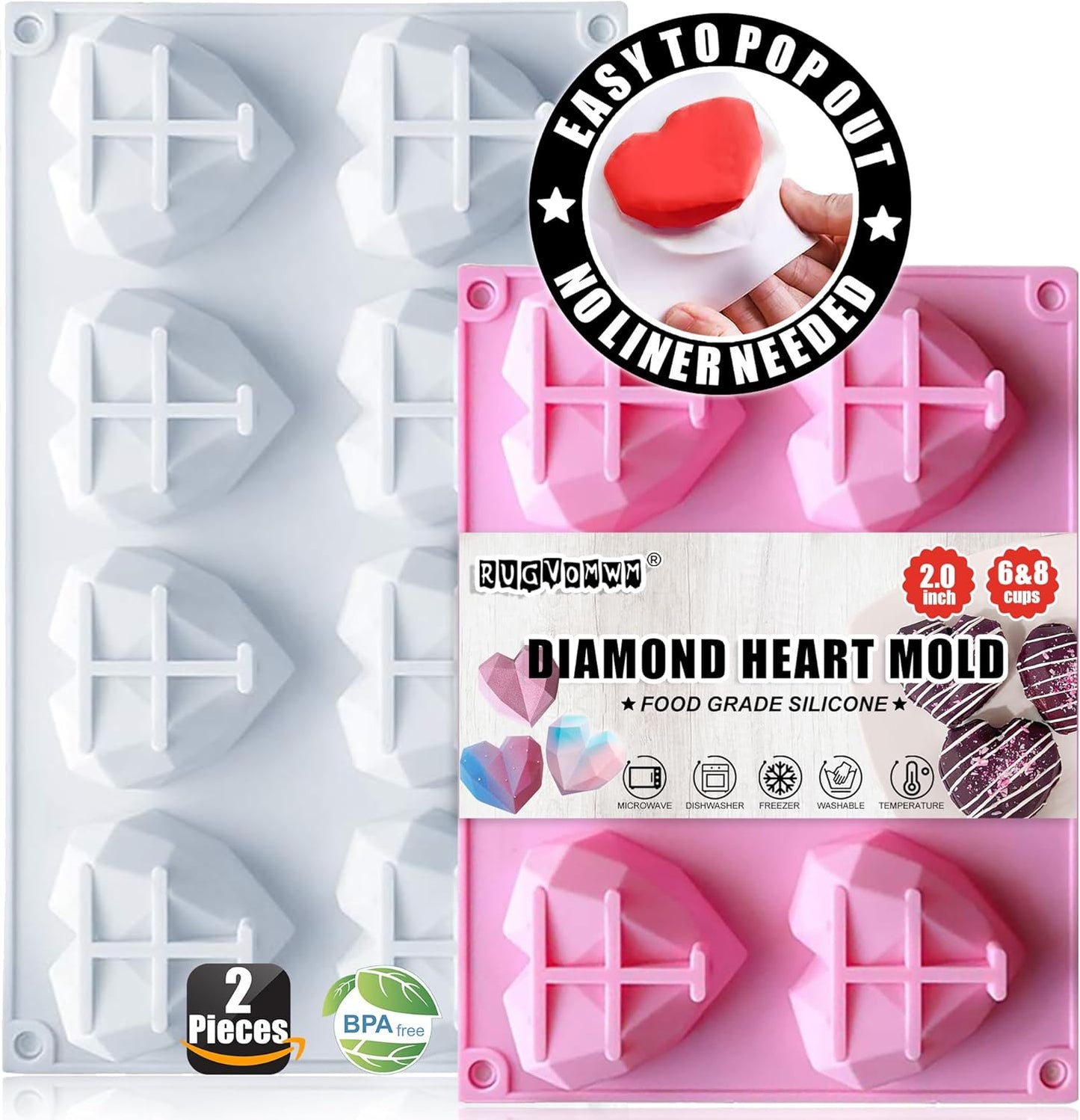 2 Pack Diamond Heart Silicone Mold, 8 Cavities & 6 Cavities Non-stick Easy Release Heart Shaped Silicone Mold Tray for Mousse Cake Dessert, Candy, Chocolate Mold