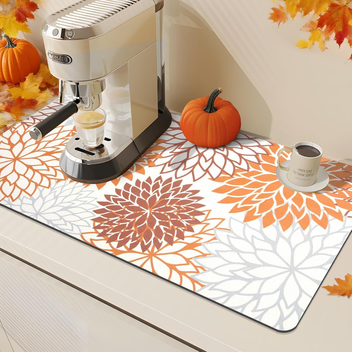 Findosom 2PCS 12" x 20" Fall Dish Drying Mat & 24" x 5.5" Sink Splash Guard, Super Absorbent & Cuttable Dish Mat Drying Kitchen Mat with Orange Floral, Hide Stain Drying Mat for Kitchen Counter