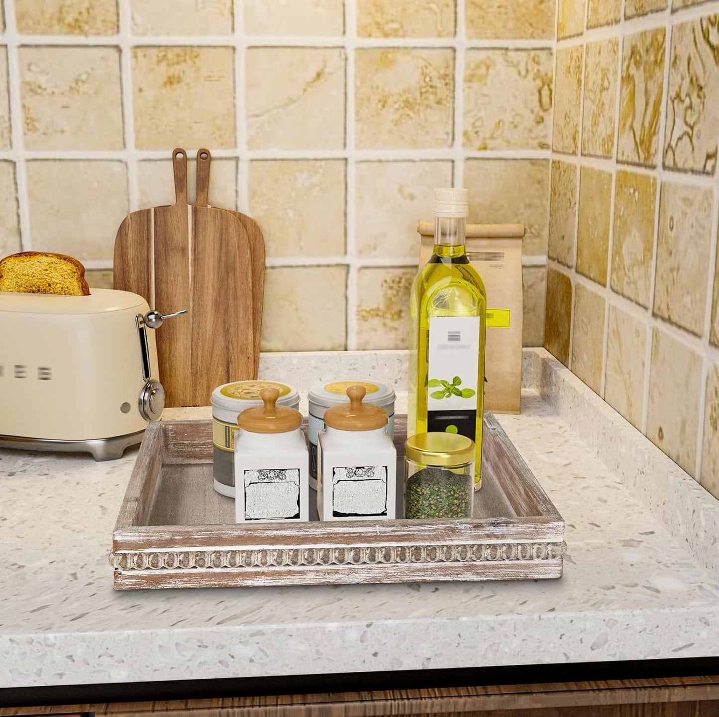 MAONAME Wood Serving Tray, Farmhouse Wooden Tray for Coffee Table, Rustic Square Trays with Beads, Washed White Decorative Trays for Living Room, Kitchen, 12" X 12" X 1.6"