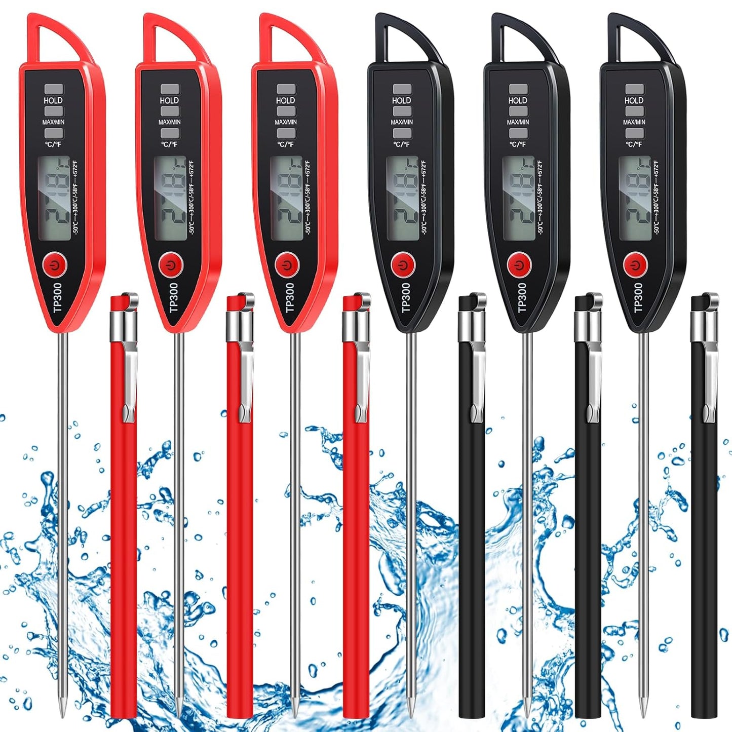 6 Set Waterproof Food Thermometer for Water, Liquid, Candle and Cooking Digital Meat Thermometer with Long Probe Instant Read for Kitchen BBQ Grill Candy (Black,Red)