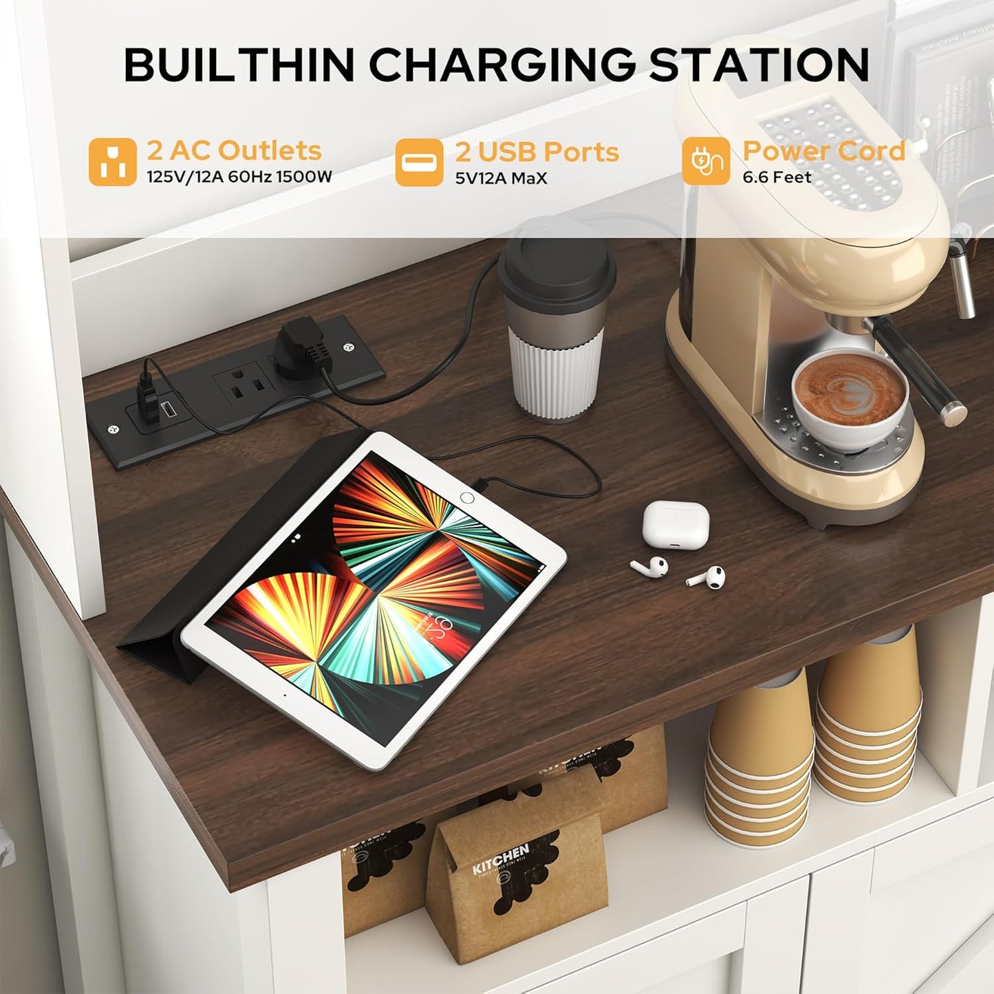 Buffet Sideboard with Storage Hutch with Power Outlets 4 Doors, Large Farmhouse Kitchen Storage Cabinet Wood Coffee Bar Cabinet with Goblet Holder and Cup Hooks for Kitchen, Dining Room, Entryway