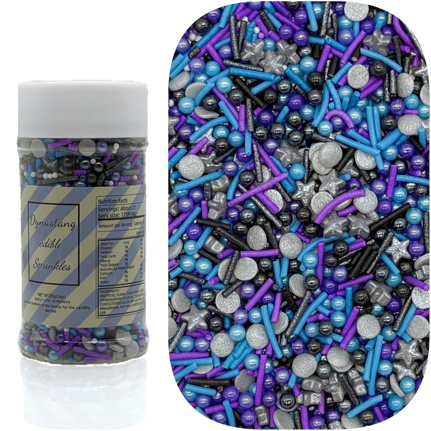 Dynastang Black & Silver & Blue & Purple Sprinkles Mixed Style Edible Cake Decorations Cupcake Toppers Cookie Perfect for Cakes, Cupcakes, Desserts Toppings 3OZ