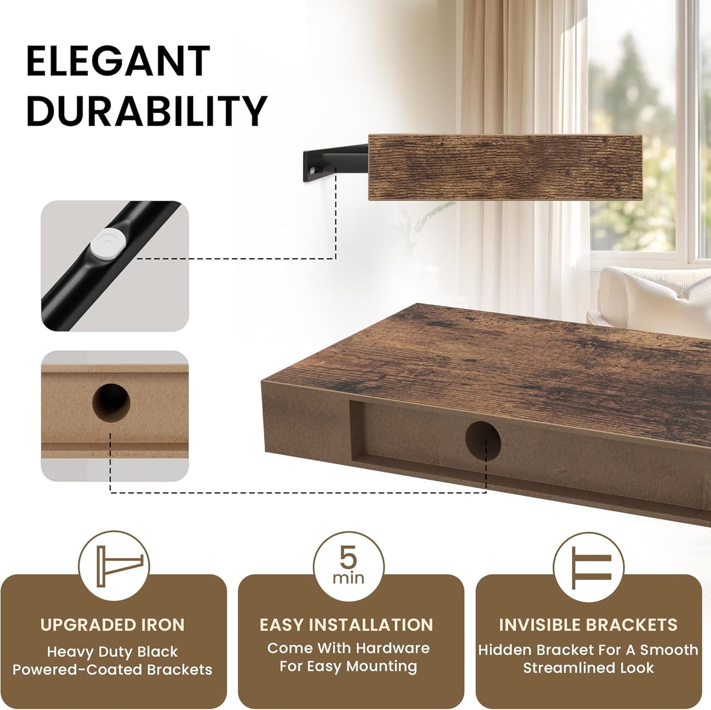 Square Floating Shelves for Wall, 8"W x 8"D x 1.2"H, Small Wooden Wall Mounted Display Shelves with Invisible Brackets for Living Room, Bedroom, Bathroom, Kitchen Decor, Set of 4, Rustic Brown