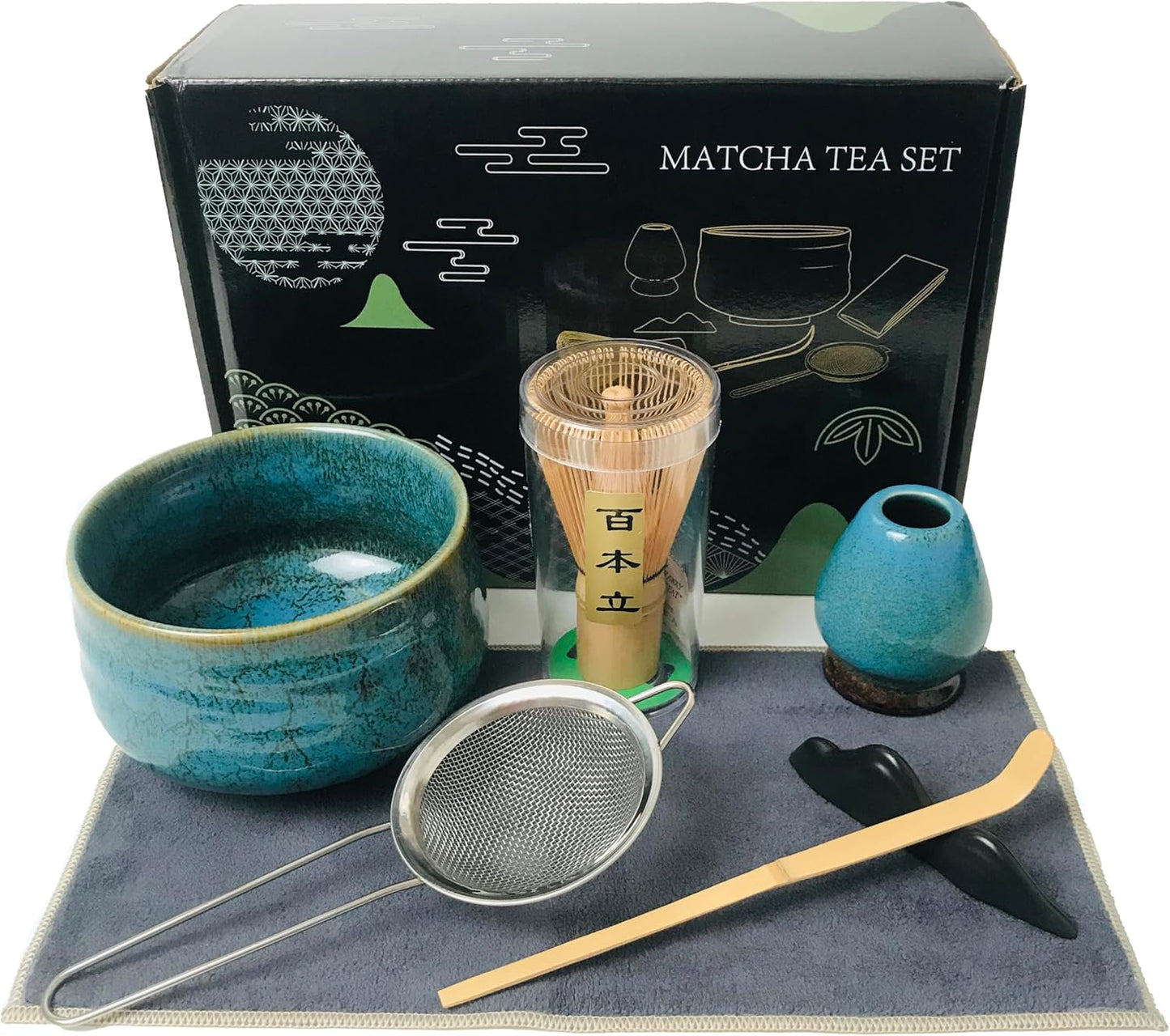 Japanese Matcha Tea Set(7pcs),Matcha Bowl And Whisk Set,Whisk Holder, Matcha Powder Sifter, Bamboo Scoop,The Perfect Matcha Tools Kit For Matcha Tea Ceremony (Kiln Glaze-Blue)