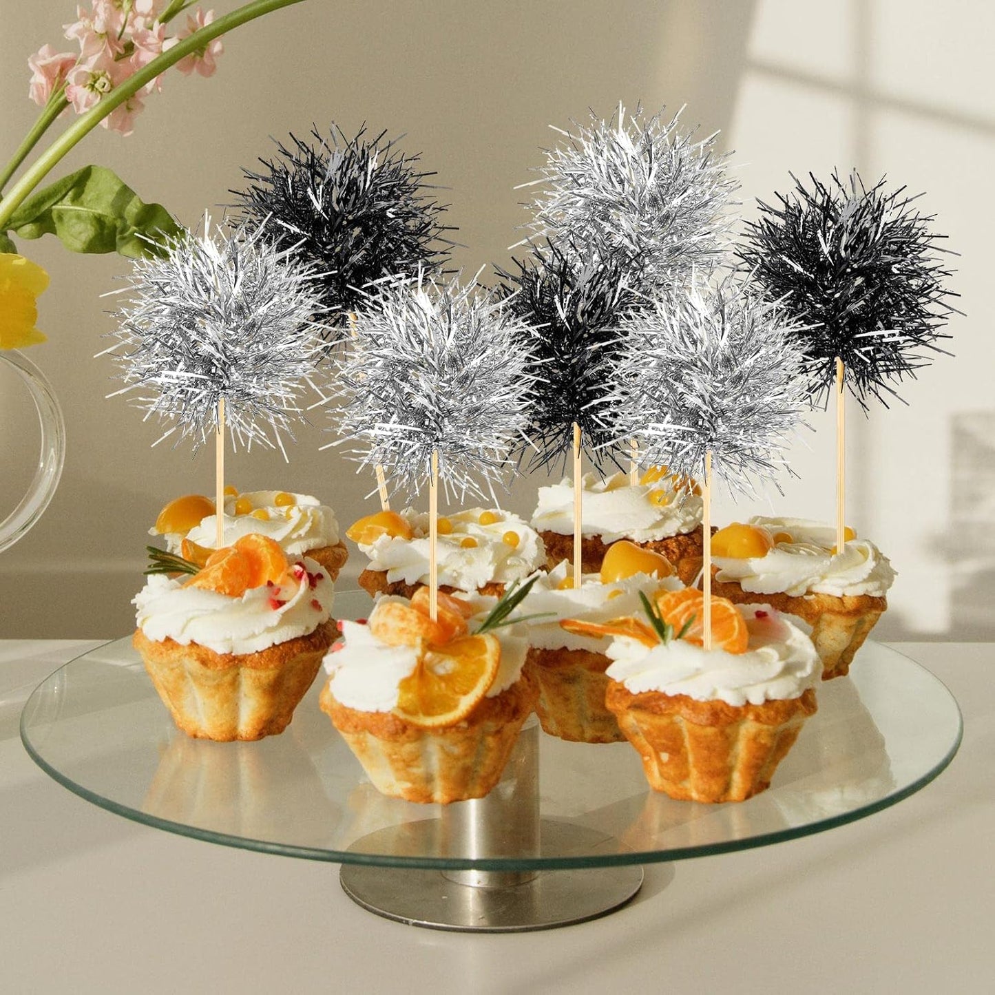 Chinco 100 Pcs Foil Firework Cupcake Toppers Sparkle Tinsel Cake Toppers Cake Decoration Cocktail Fruit Toothpick for Birthday Wedding Graduation Party(Silver, Black)