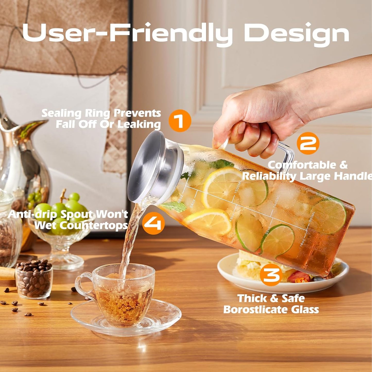 Aofmee 68oz Glass Pitcher for Bridge Door, 2 Liter Square Water Pitcher with Lid and Scale Line, Heat Resistant Tea Pitchers, Leak Proof Juice Jug, Borosilicate Glass Carafe for Hot/Cold Beverage