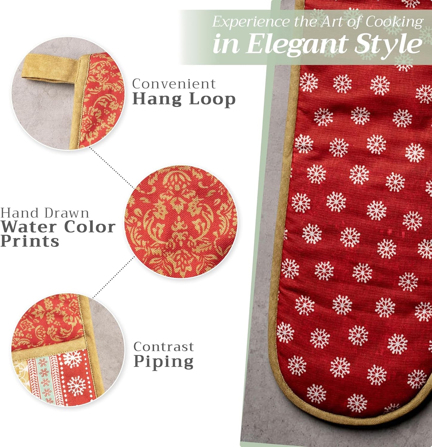 Maison d' Hermine Double Oven Mitts 100% Cotton 7"x35" Double Oven Mitt Heat Resistant BBQ Cooking Gloves with Loop, Baking, Grilling, Home, Kitchen, Handling Hot Pans (Sofia)