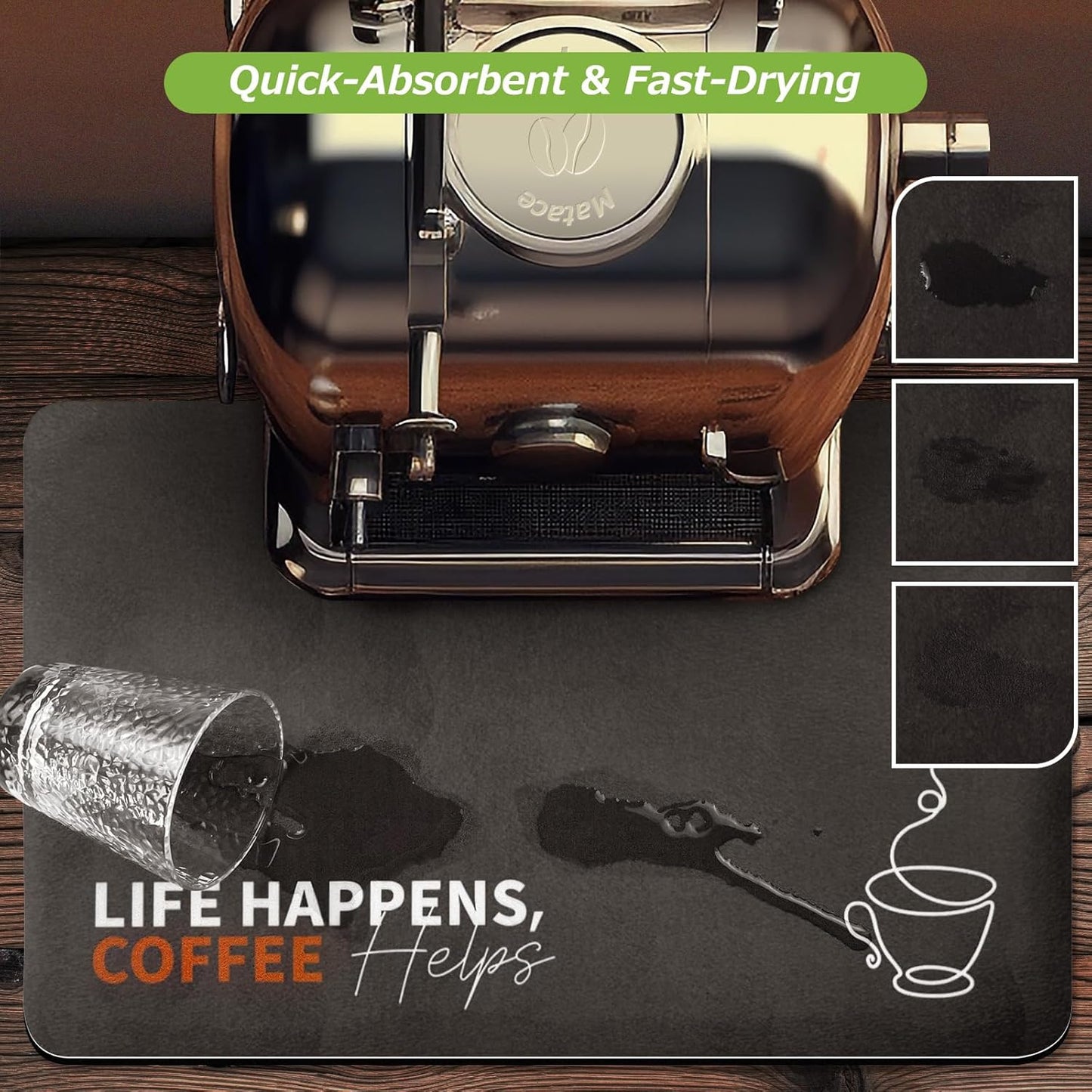 Matace Designer Coffee Bar Mat, Small 12 x 19 Inches, Rubber Backing, Absorbent Coffee Maker Mats for Dish Drying, Kitchen Countertop, Life Happens Coffee Helps, Black
