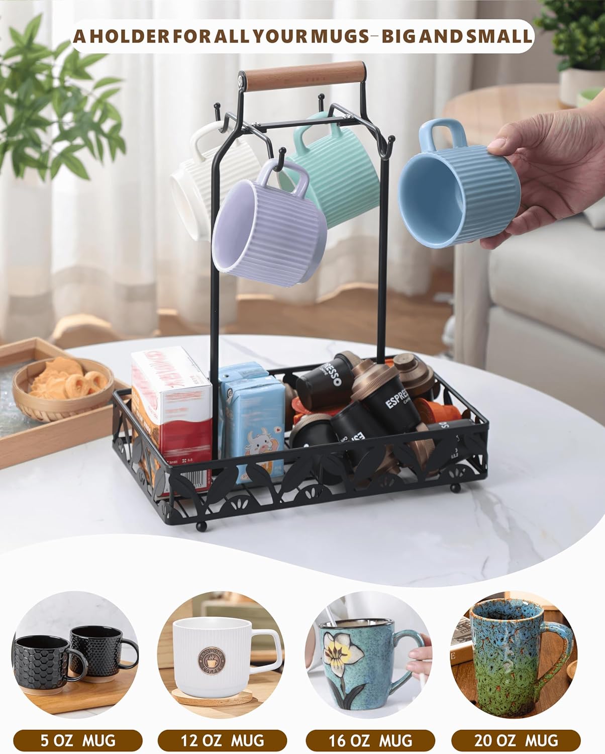 Coffee Mug Holder for Countertop, Mug Tree & Mug Rack with Storage Basket, 2-in-1 Organizer Holds 4 Large Mugs, Kitchen Cup Holder for Coffee Bar Accessories, Pods & Tea Bags, Black Metal with Handle