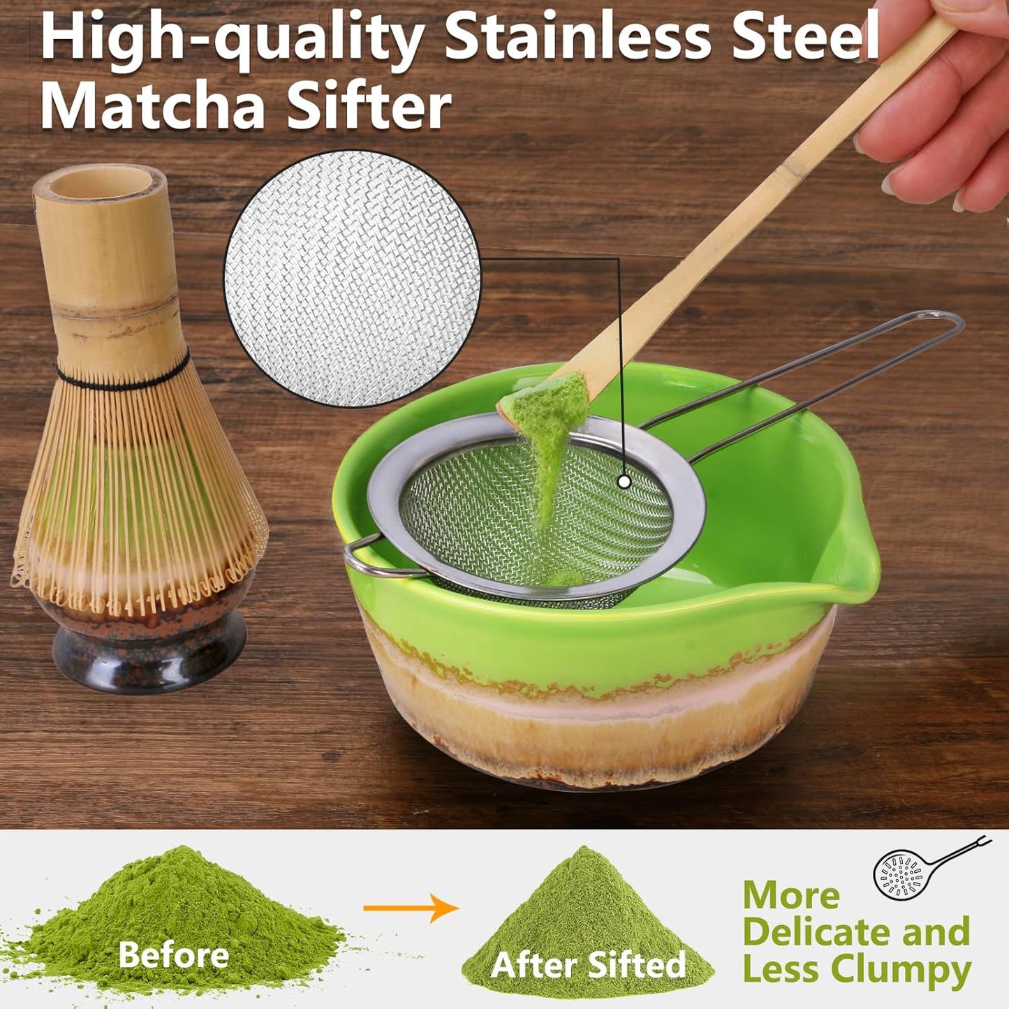 Matcha Whisk Set,Bamboo Chasen Whisk,Green Matcha Bowl with Spout, Chashaku Scoop, Sifter,Matcha Whisk and Holder – 5 PCS Matcha Kit for Matcha Lovers Making Latte Drinks,Gift for Starters Lovers