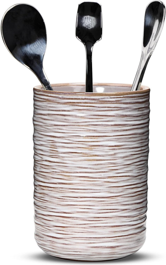 Ceramic Spoon Holder for Coffee Bar, Upright Tea Spoon Holder Cup, Coffee Stirrers Straws Stir Stick Holder, Glossy Silk Stripe