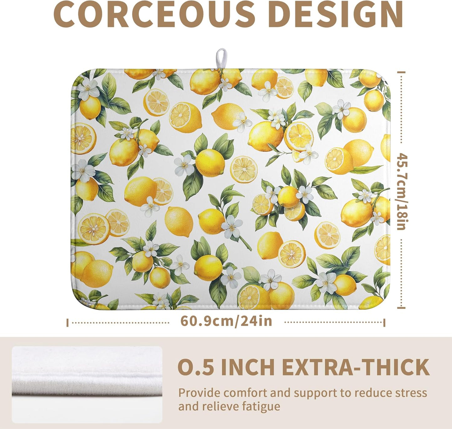 Lemon Dish Drying Mat Spring Summer Kitchen Dish Drying Pad Absorbent Drying Mat for Countertops Dish Dryer Mat Microfiber Dishes Drainer Pad Dish Drying Rack Mat (18x24 in)