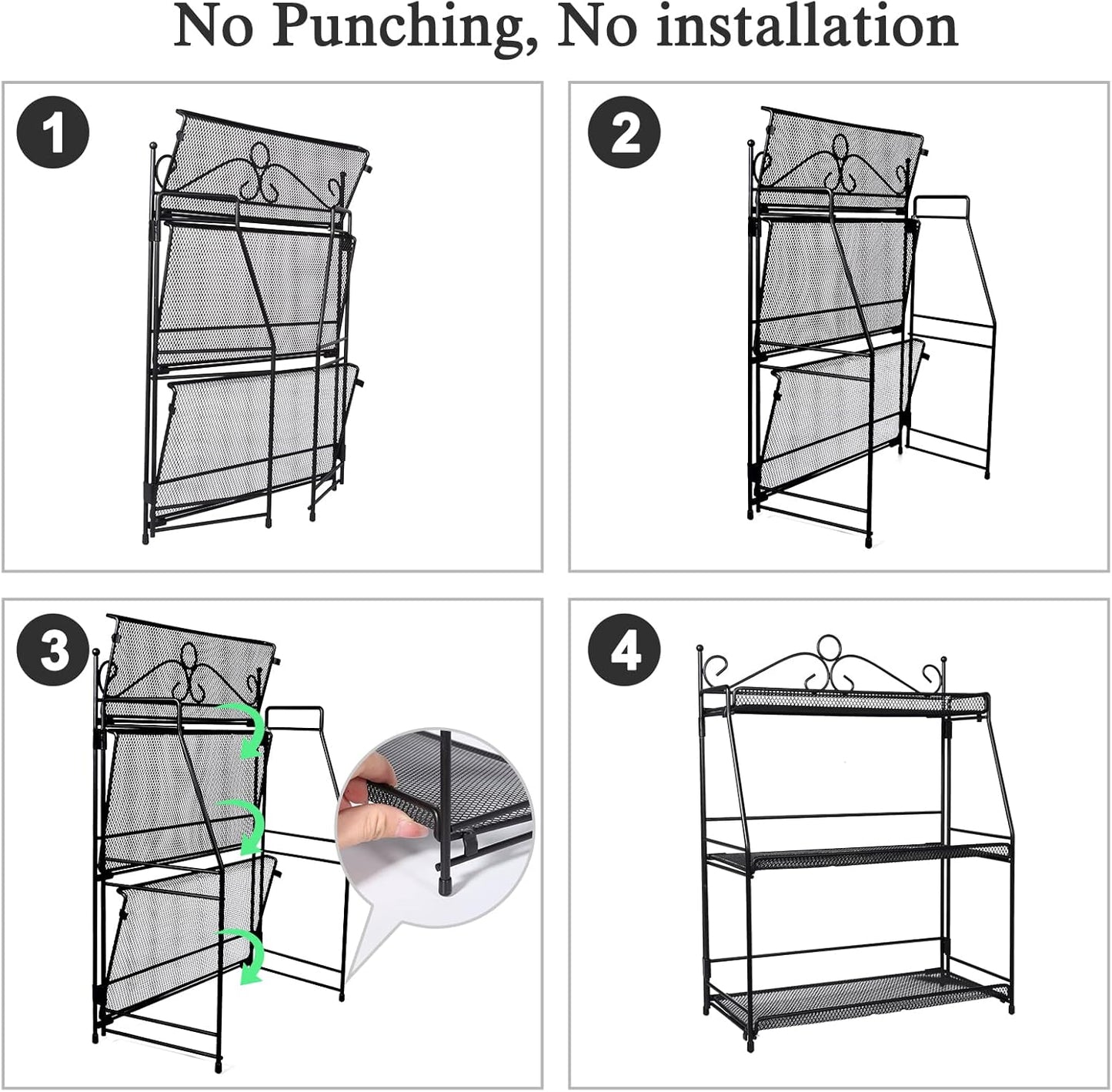 Uten Standing Spice Rack 3 Tier Metal Foldable and Durable Kitchen Rack for Countertop Kitchen Bathroom, Shelf Organizer, Standing Stainless Steel Tiered Shelf