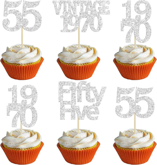 Gyufise 24Pcs 55th Birthday Cupcake Toppers Glitter Cheers to 55 Fabulous Fifty Five Vintage 1970 Cupcake Picks 55th Birthday Wedding Anniversary Party Cake Decorations Supplies Rose Gold