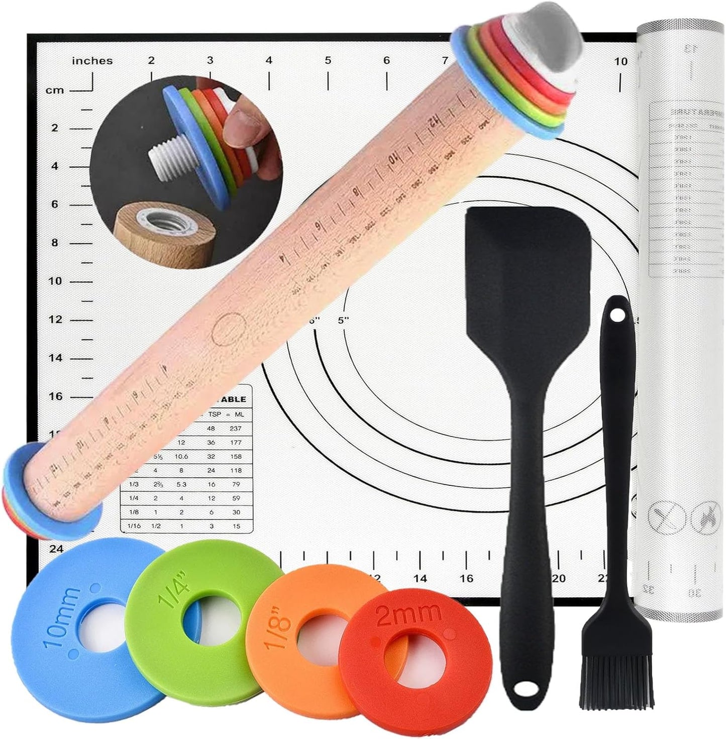 Adjustable Rolling Pin 4 Set and Silicone Baking Pastry Mat Setpastry,Siliconebrush and spatul,AdjustableThickness Rings,Wooden Dough Roller Rolling Pins for Baking Dough, Pizza, Pie