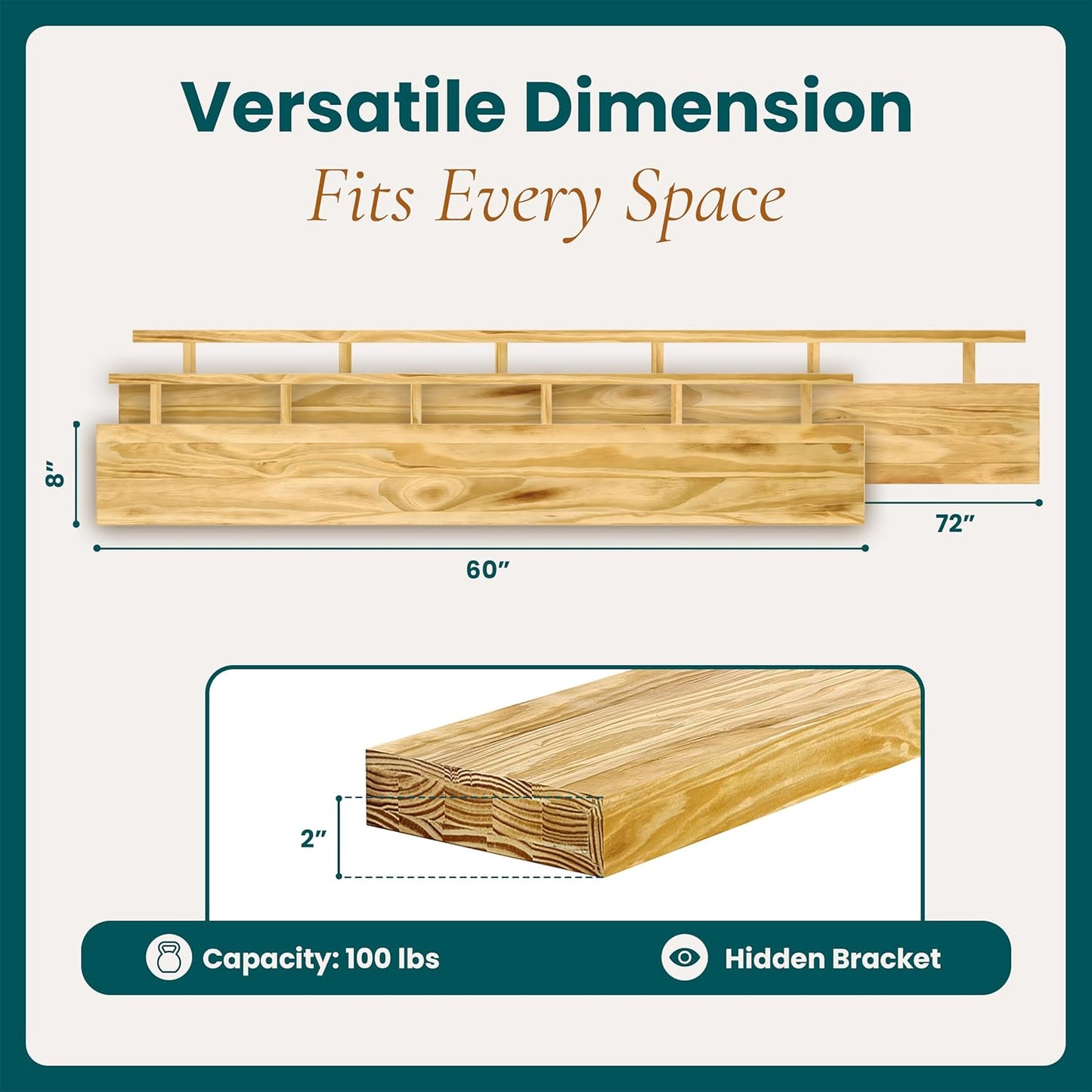 72'' Pine Wood Floating Shelf for Wall - Rustic Wall Mounted Wooden Shelf for Stylish Home Décor, Fireplace Mantel 72inch (Natural, 72x8x2) - 1pcs