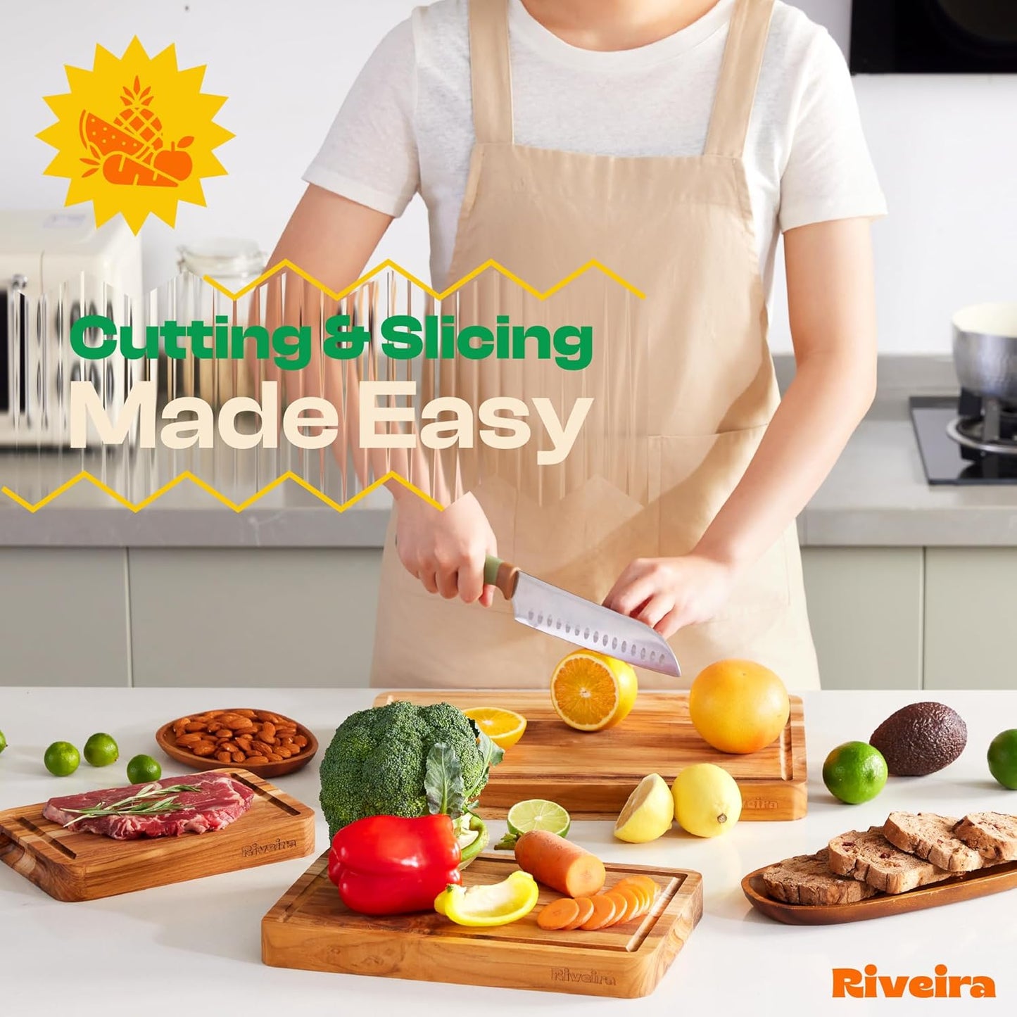 Riveira Teak Wood Cutting Board – Gourmet Teak Grandeur: 20 x 14 Wooden Cutting Board – Natural Wooden Cutting Boards For Kitchen Decorative – Innovative Juice Grooves Teak Wooden Chopping Board