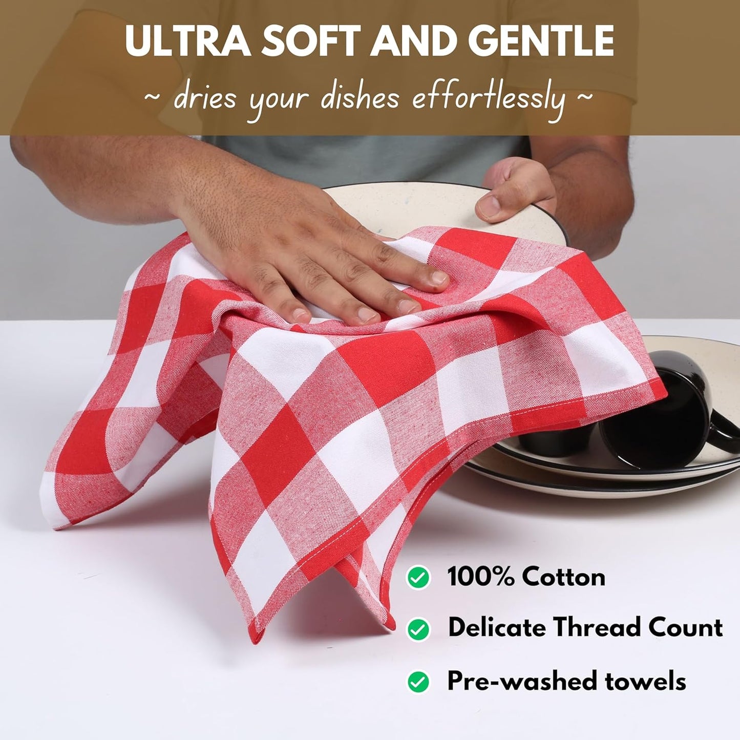 Native Fab 12-Pack Kitchen Towel with Hanging Loop 16x26 inches, Cotton Buffalo Check Kitchen Towels for Cleaning Drying, Washcloths Soft & Absorbent Cloth Rags, Bar Towel, Dish Cloth, Red