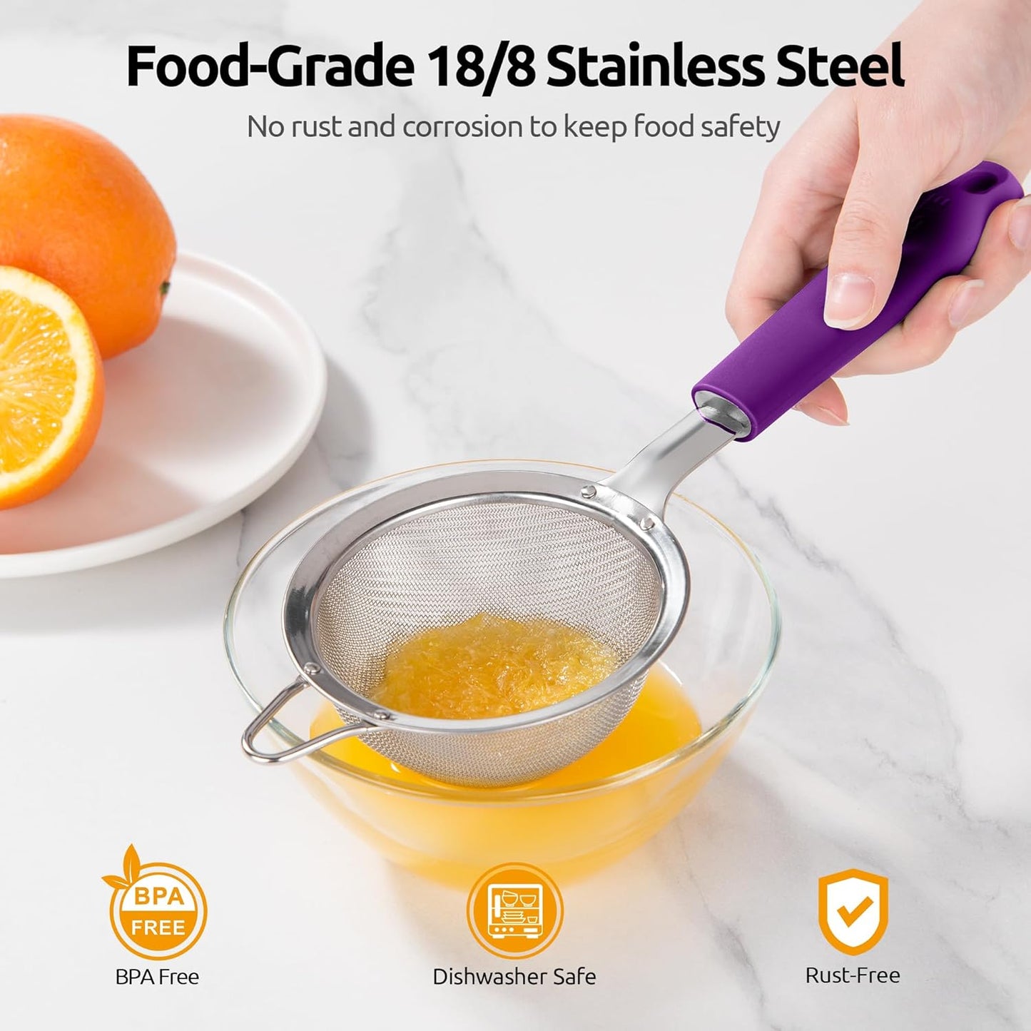 U-Taste Small Fine Mesh Strainer: 18/8 Stainless Steel 3.35in 30 Mesh Kitchen Food Sieve with Sturdy Riveted Silicone Handle, Heavy Duty Deep Handheld Metal Colander for Tea, Juice (Purple)