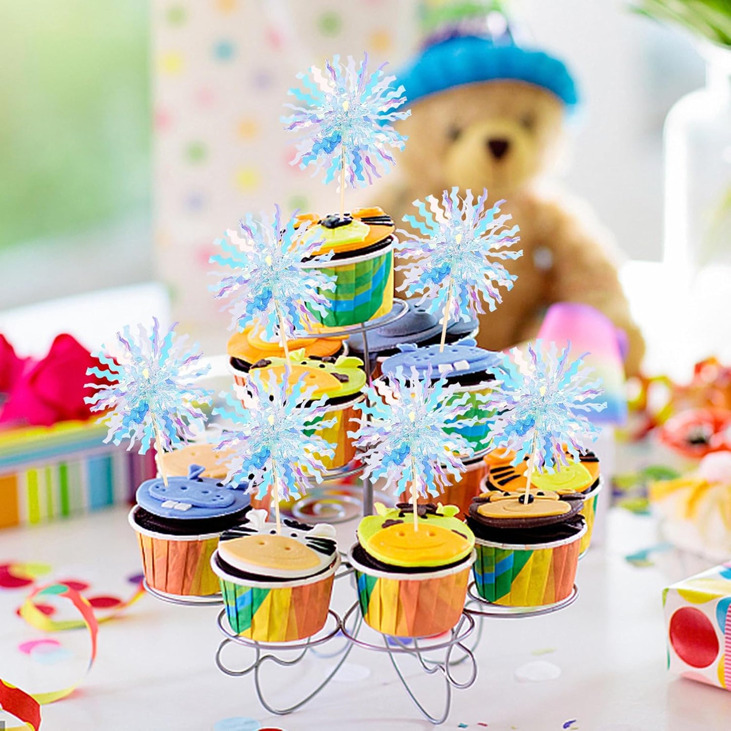 30 PCS Foil Firework Cupcake Toppers Sparkle Tinsel Cupcake Picks Happy Birthday Cake Toppers Drink Stirrers Cocktail Food Fruit Toothpicks for Baby Shower Wedding Party Decorations Supplies Blue