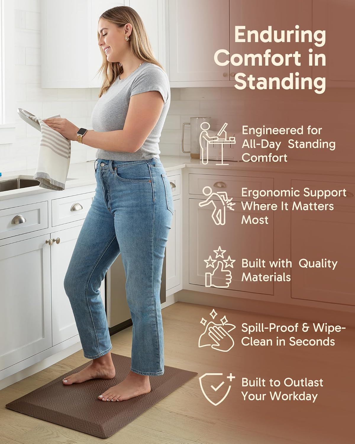 Ophanie Kitchen mats for Floor, 3/4 inch Thick, Kitchen Rugs, 20x39 Anti Fatigue Standing Cushioned Mat, Waterproof,Comfort Ergonomic mat for Office, Home, Sink, Brown Non-Slip Bottom