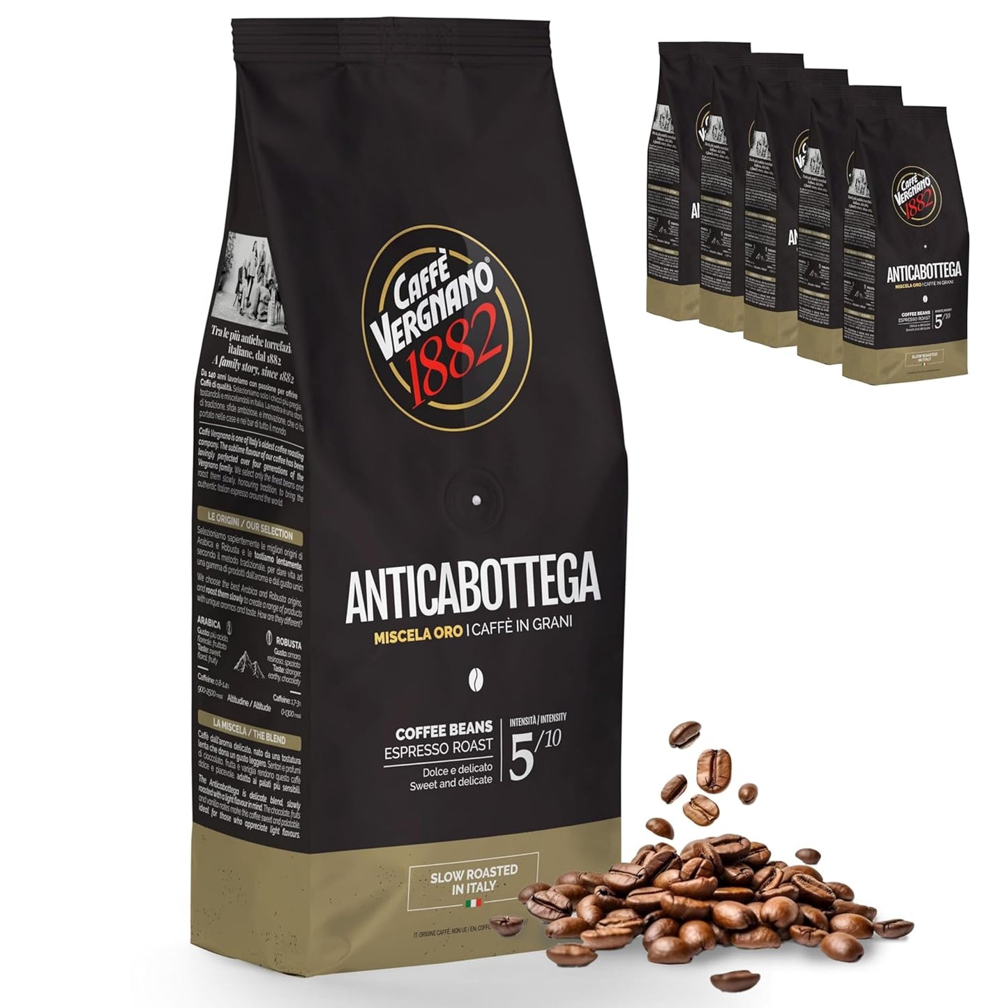 Caffe Vergnano 1882 Antica Bottega Whole Bean Arabica Medium Roast Espresso, 1.1 lbs Bag - Italian Coffee Beans with notes of Chocolate, Nuts & Caramel, Intensity 5/10-500g Bag (6 Pack)