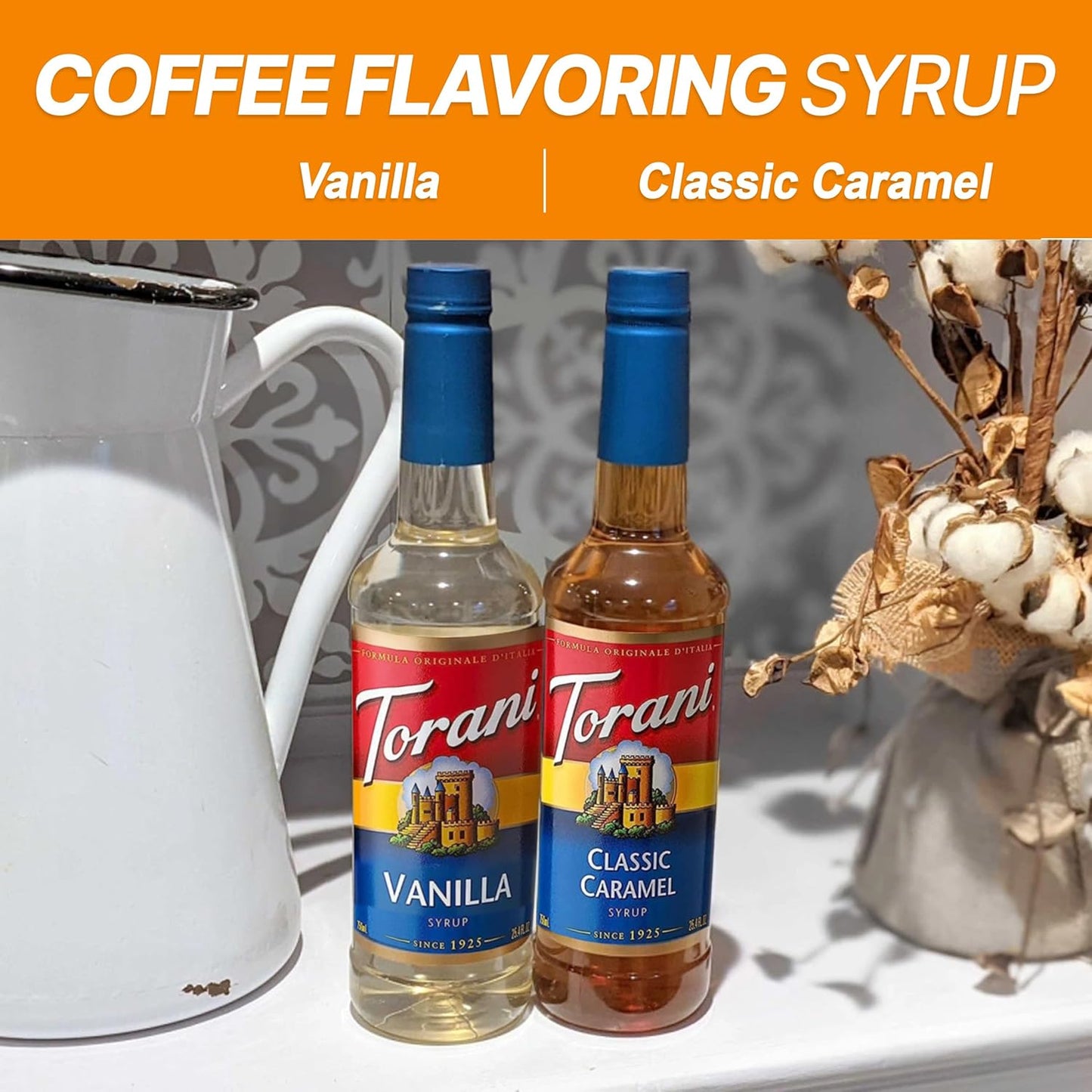 2 Syrup Pump Dispenser Bundle with Torani Coffee Syrup, Vanilla & Caramel Flavors, 25.4 oz Bottles